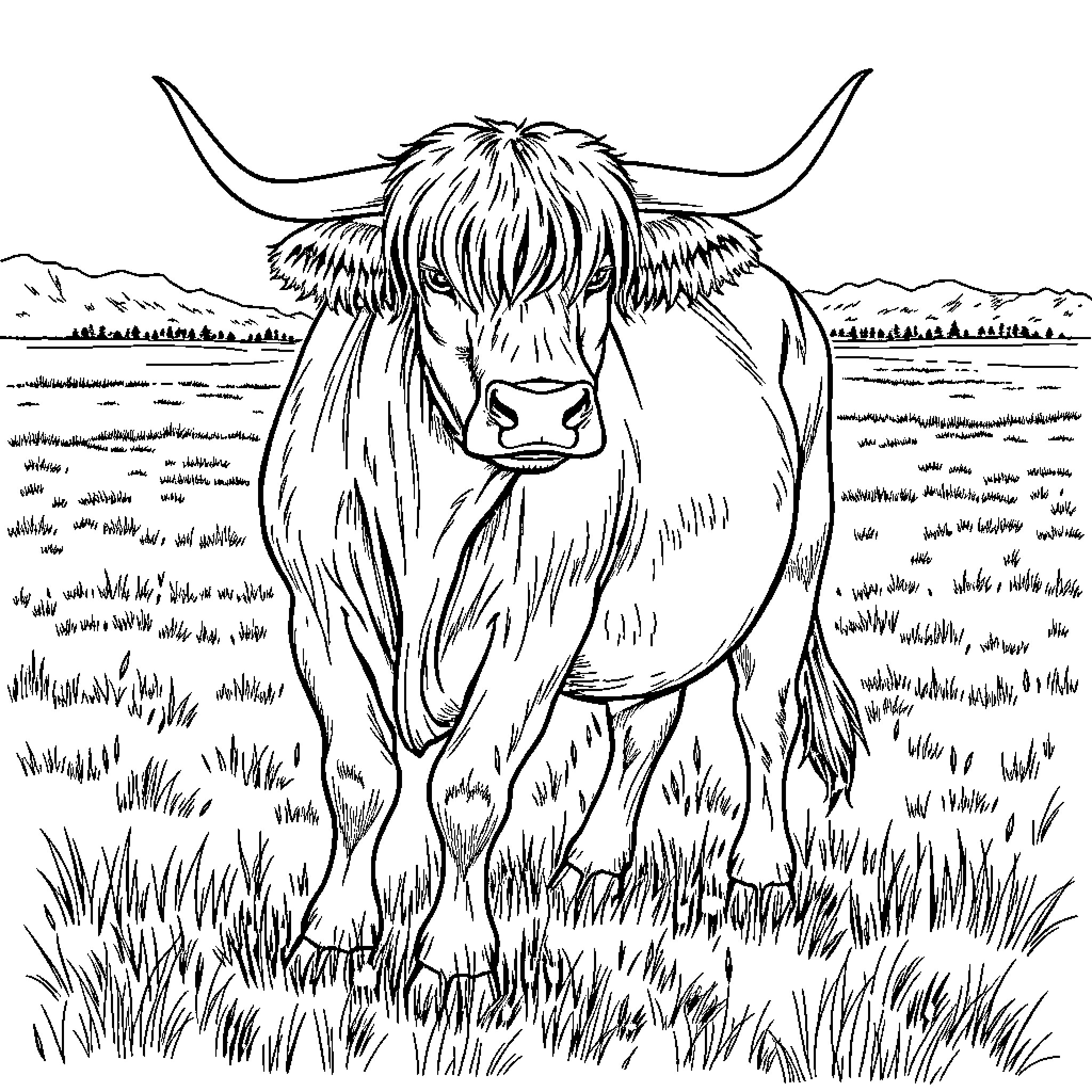 Ox standing in a grassy field Coloring Page (free black-and-white line drawing printable PDF for all, from beginners to advanced learners, including children, teens, adults, and seniors)