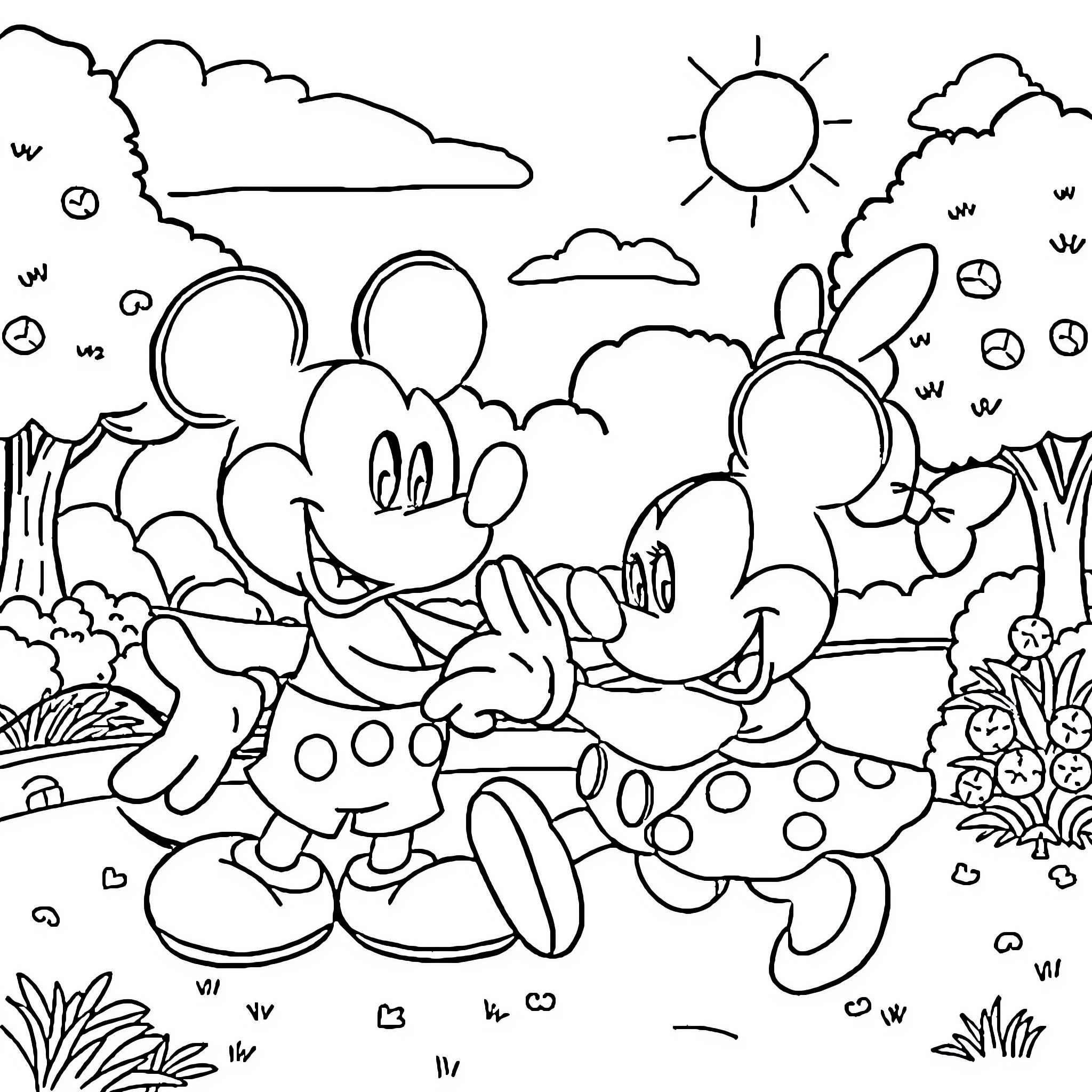 Mickey Mouse and Minnie Mouse enjoying a sunny day outdoors Coloring Page (free black-and-white line drawing printable PDF for all, from beginners to advanced learners, including children, teens, adults, and seniors)