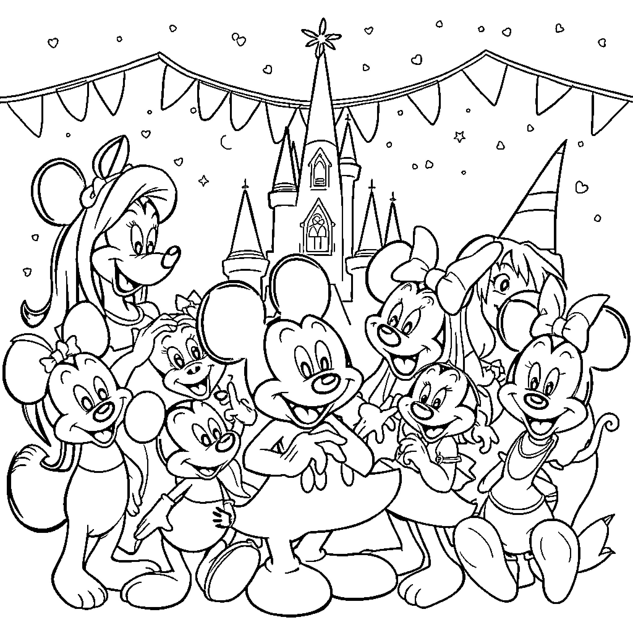 Disney Characters Celebrating and Having Fun at the Castle Coloring Page (free black-and-white line drawing printable PDF for all, from beginners to advanced learners, including children, teens, adults, and seniors)