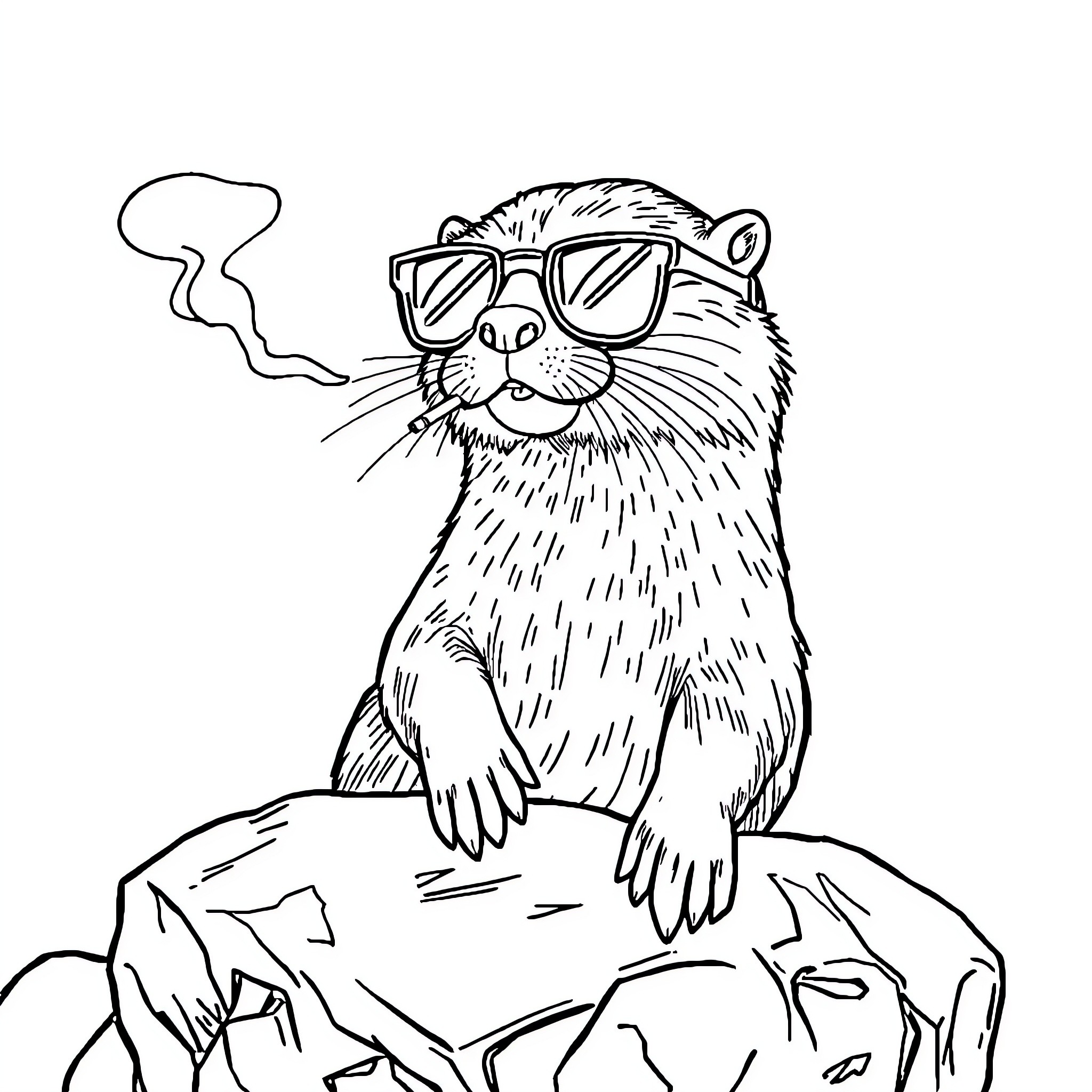 Otter wearing sunglasses and relaxing on rocks Coloring Page (free black-and-white line drawing printable PDF for all, from beginners to advanced learners, including children, teens, adults, and seniors)