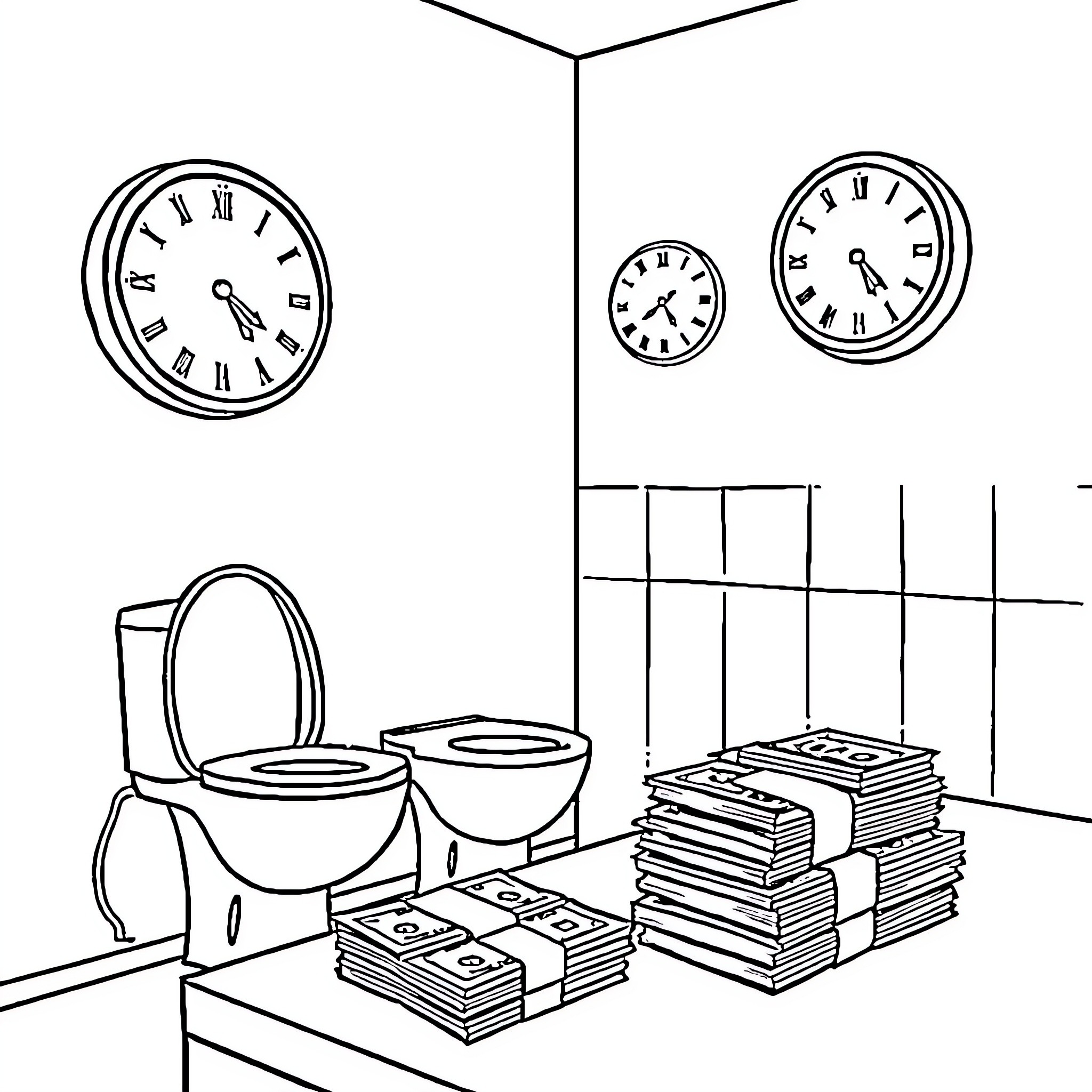 Clock-themed office scene with stacks of documents Coloring Page (free black-and-white line drawing printable PDF for all, from beginners to advanced learners, including children, teens, adults, and seniors)