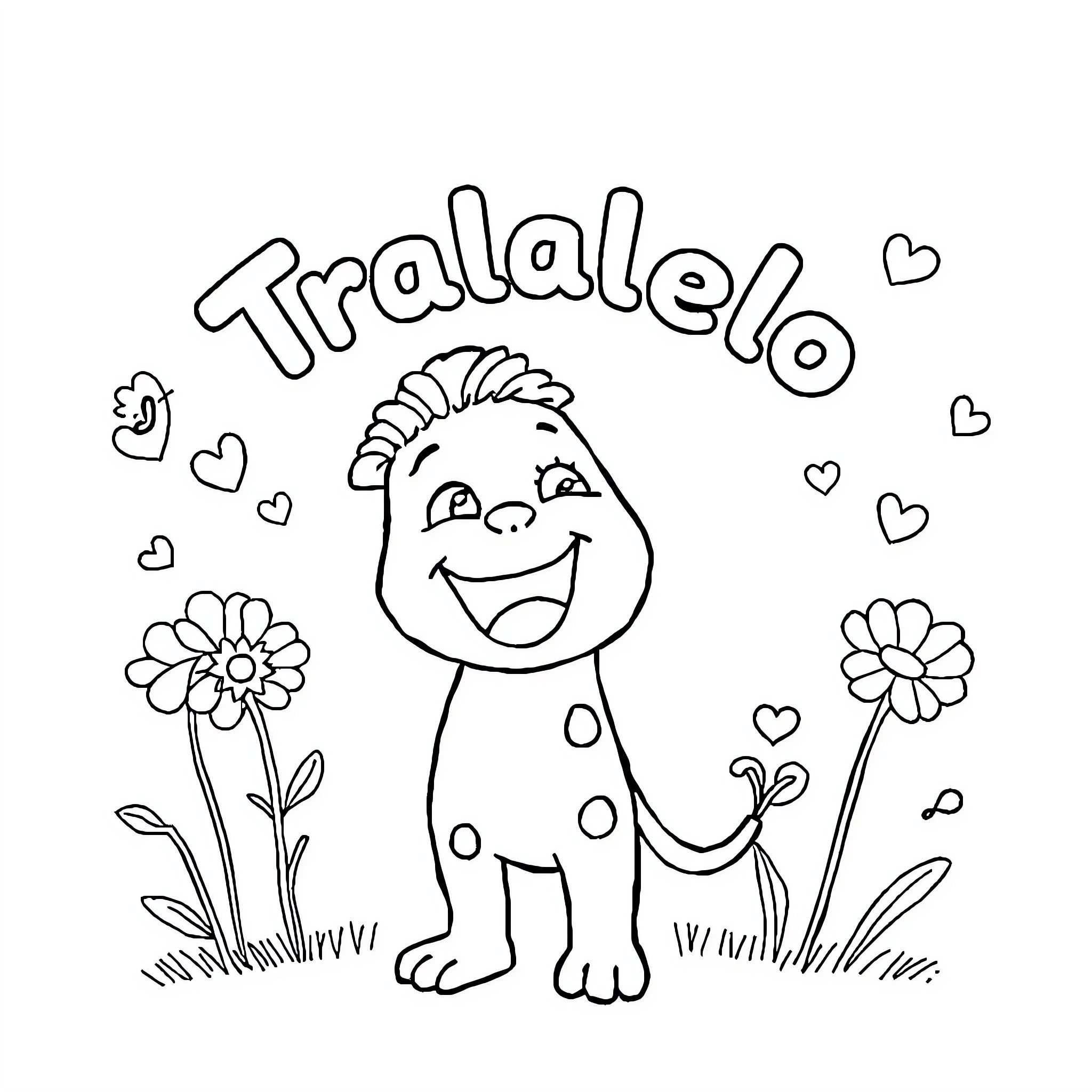 Tralalelo Happy Creature Surrounded by Flowers Coloring Page (free black-and-white line drawing printable PDF for all, from beginners to advanced learners, including children, teens, adults, and seniors)