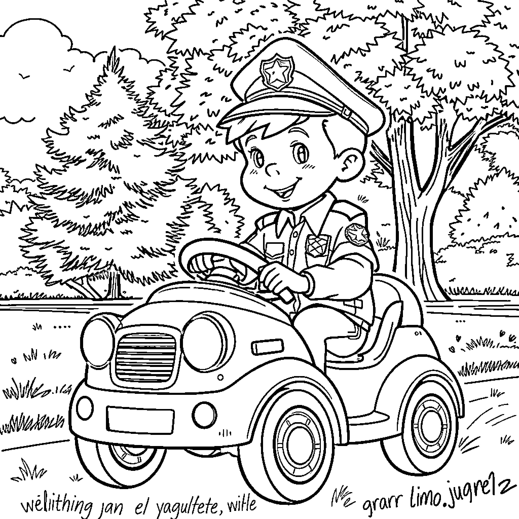 Niño driving a small car in the forest Coloring Page (free black-and-white line drawing printable PDF for all, from beginners to advanced learners, including children, teens, adults, and seniors)