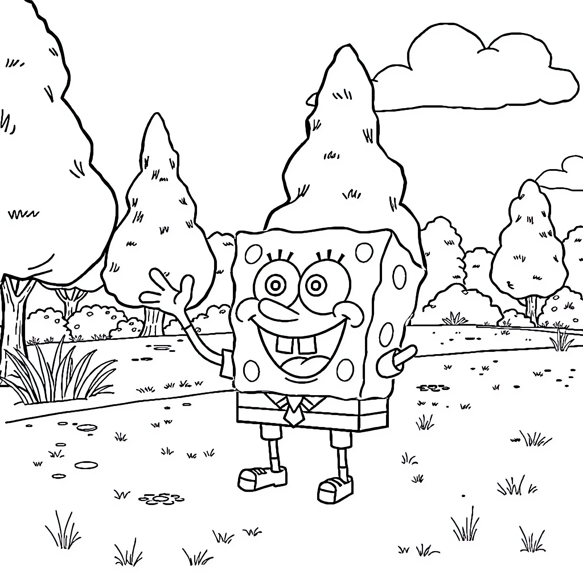 Spongebob enjoying a picturesque outdoor scene Coloring Page (free black-and-white line drawing printable PDF for all, from beginners to advanced learners, including children, teens, adults, and seniors)