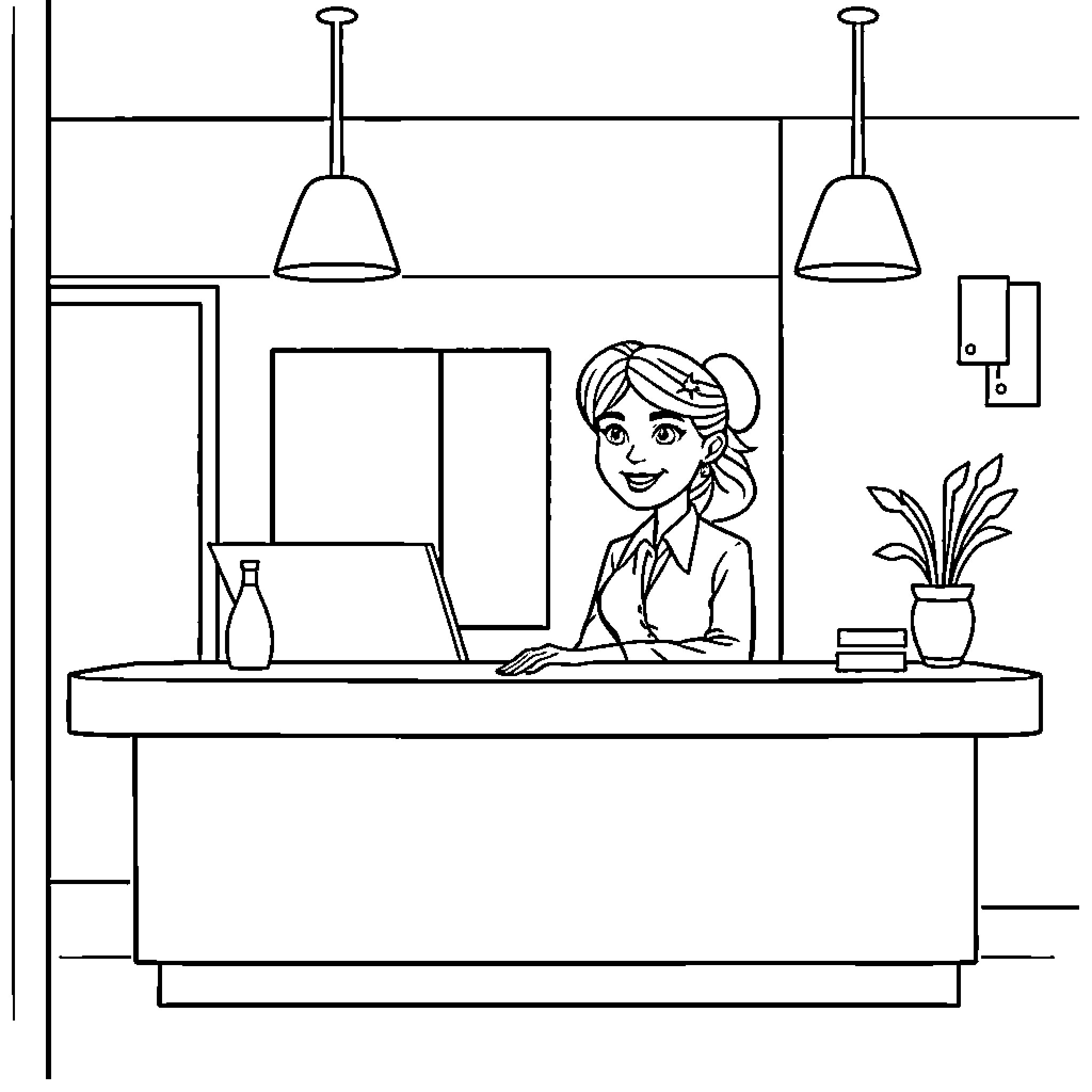 Receptionist greeting at front desk Coloring Page (free black-and-white line drawing printable PDF for all, from beginners to advanced learners, including children, teens, adults, and seniors)