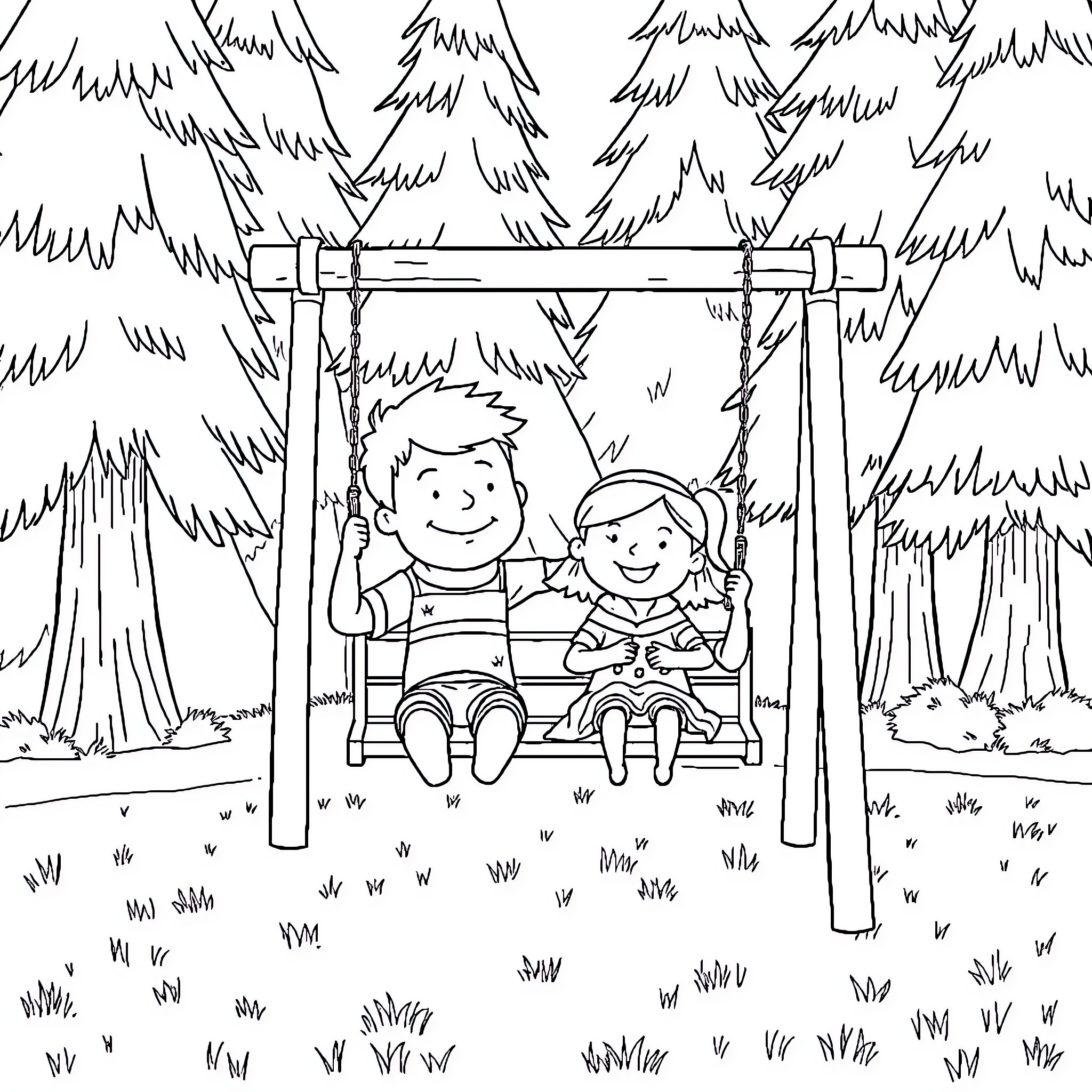 Carl and Ellie enjoying a swing in the forest Coloring Page (free black-and-white line drawing printable PDF for all, from beginners to advanced learners, including children, teens, adults, and seniors)