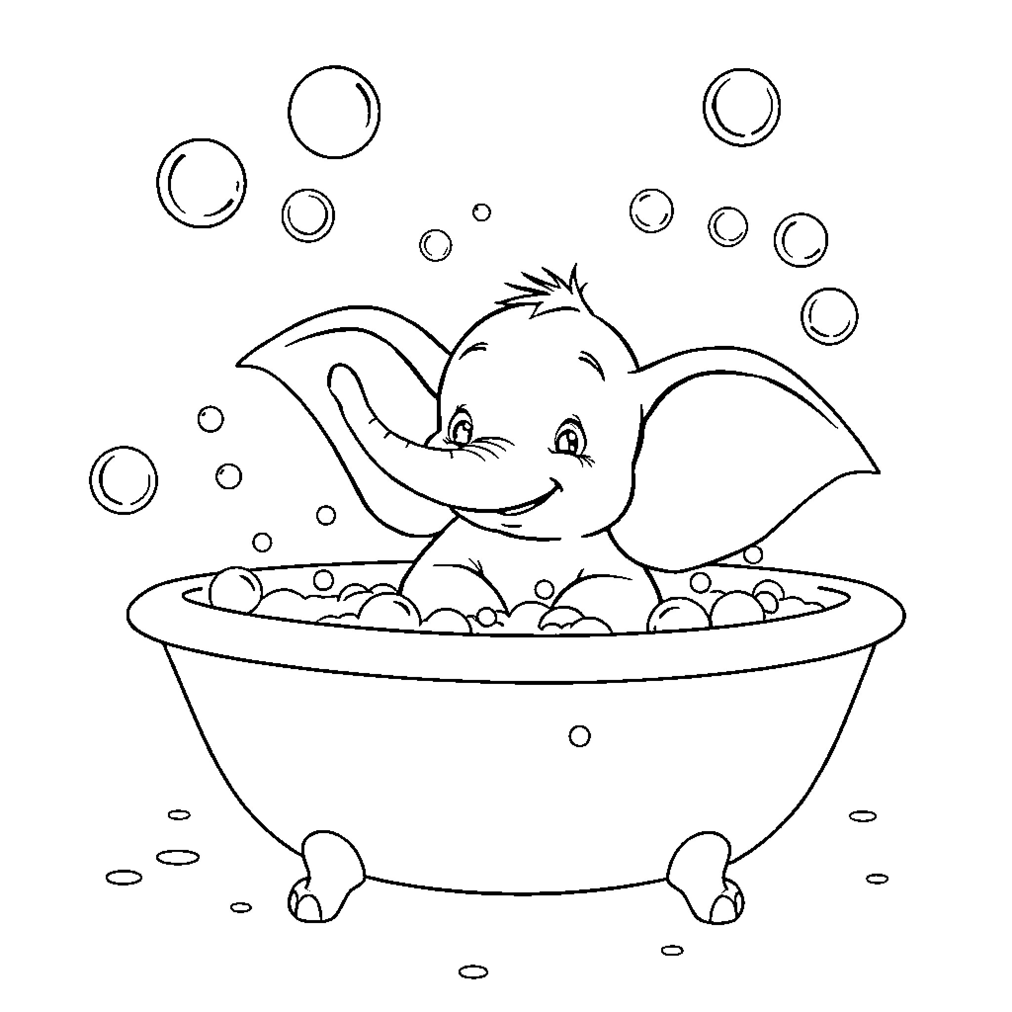 Dumbo taking a bubbly bath Coloring Page (free black-and-white line drawing printable PDF for all, from beginners to advanced learners, including children, teens, adults, and seniors)