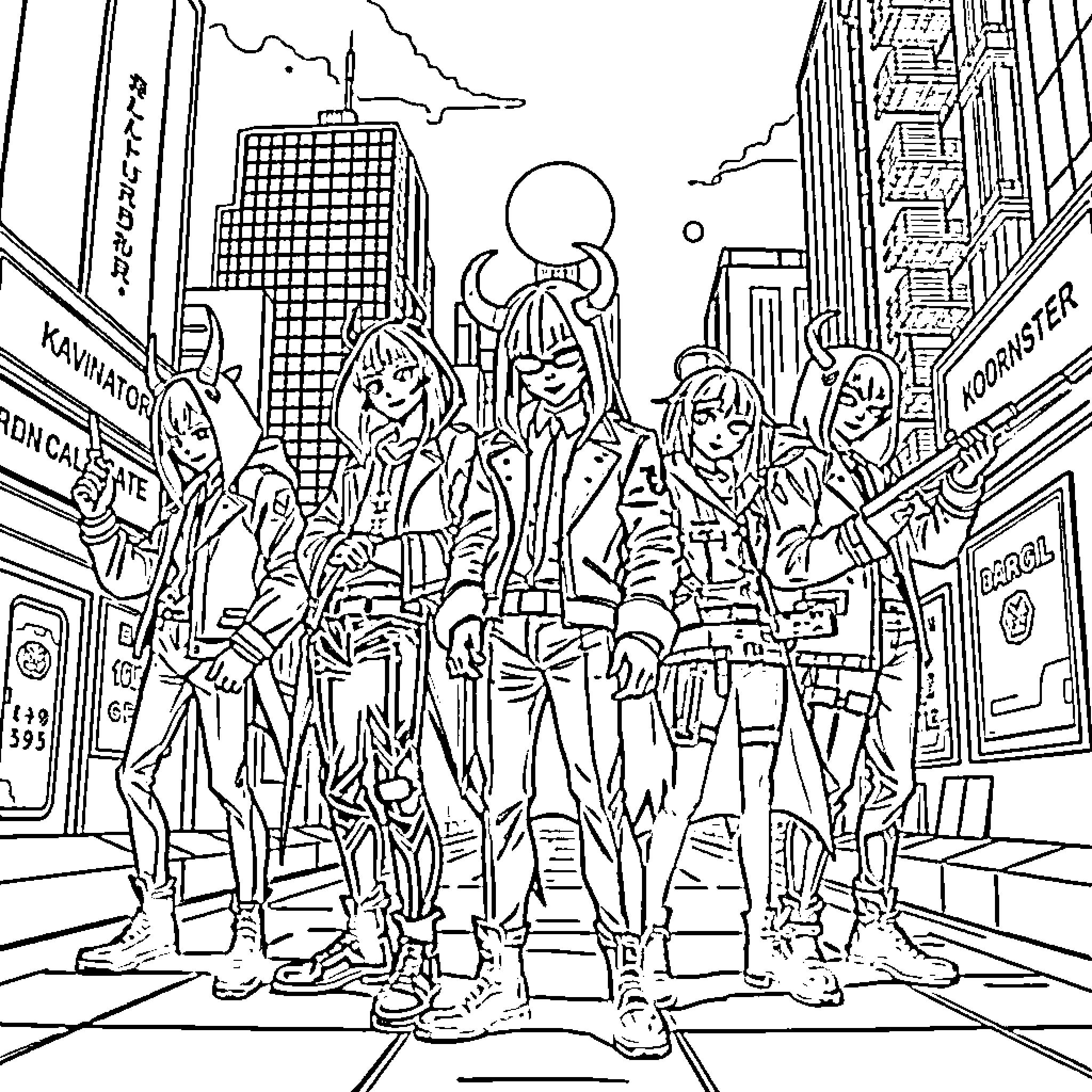 Demon Hunter Warriors Battling in the City Streets Coloring Page (free black-and-white line drawing printable PDF for all, from beginners to advanced learners, including children, teens, adults, and seniors)