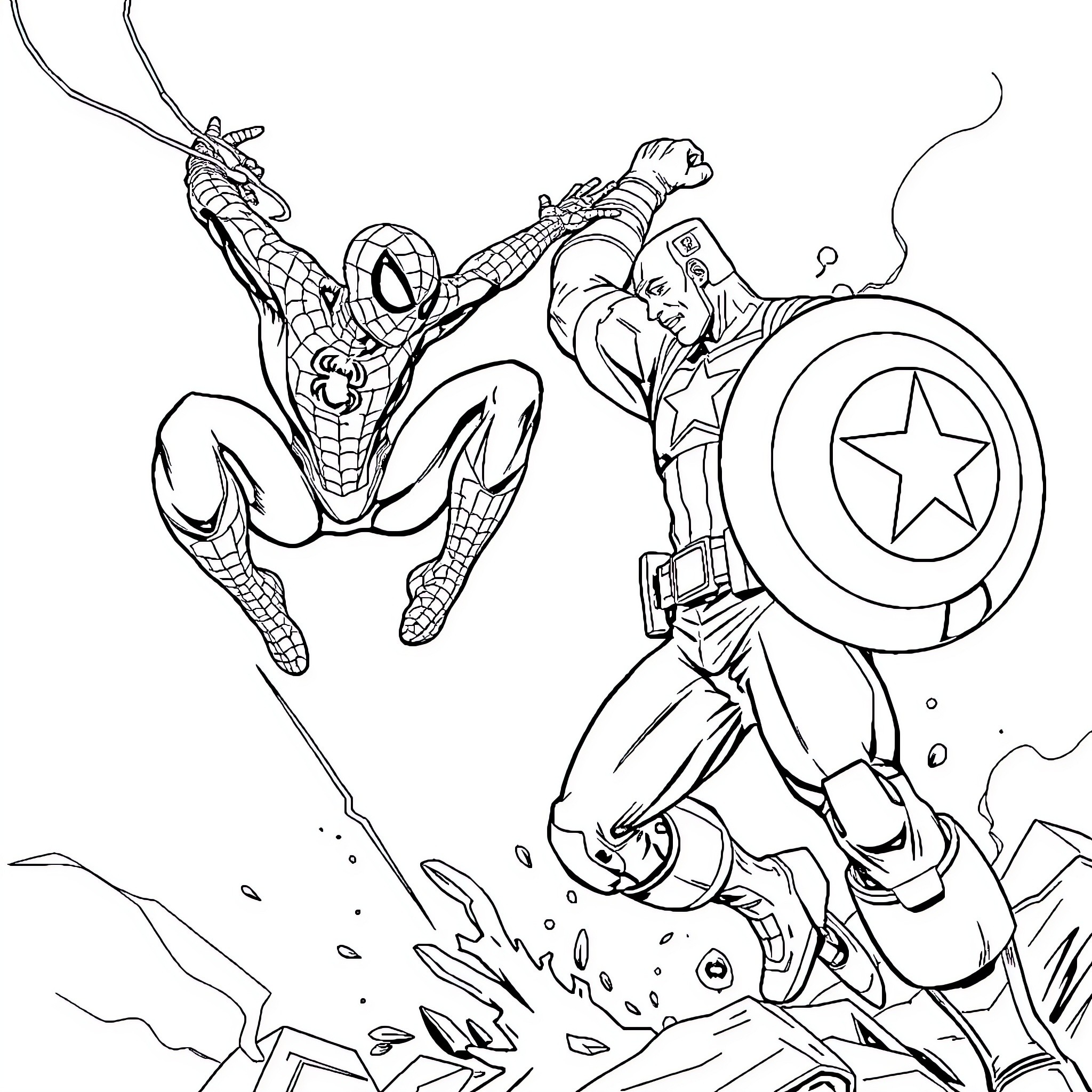 Spider-Man battles against Captain America in action-packed scene Coloring Page (free black-and-white line drawing printable PDF for all, from beginners to advanced learners, including children, teens, adults, and seniors)
