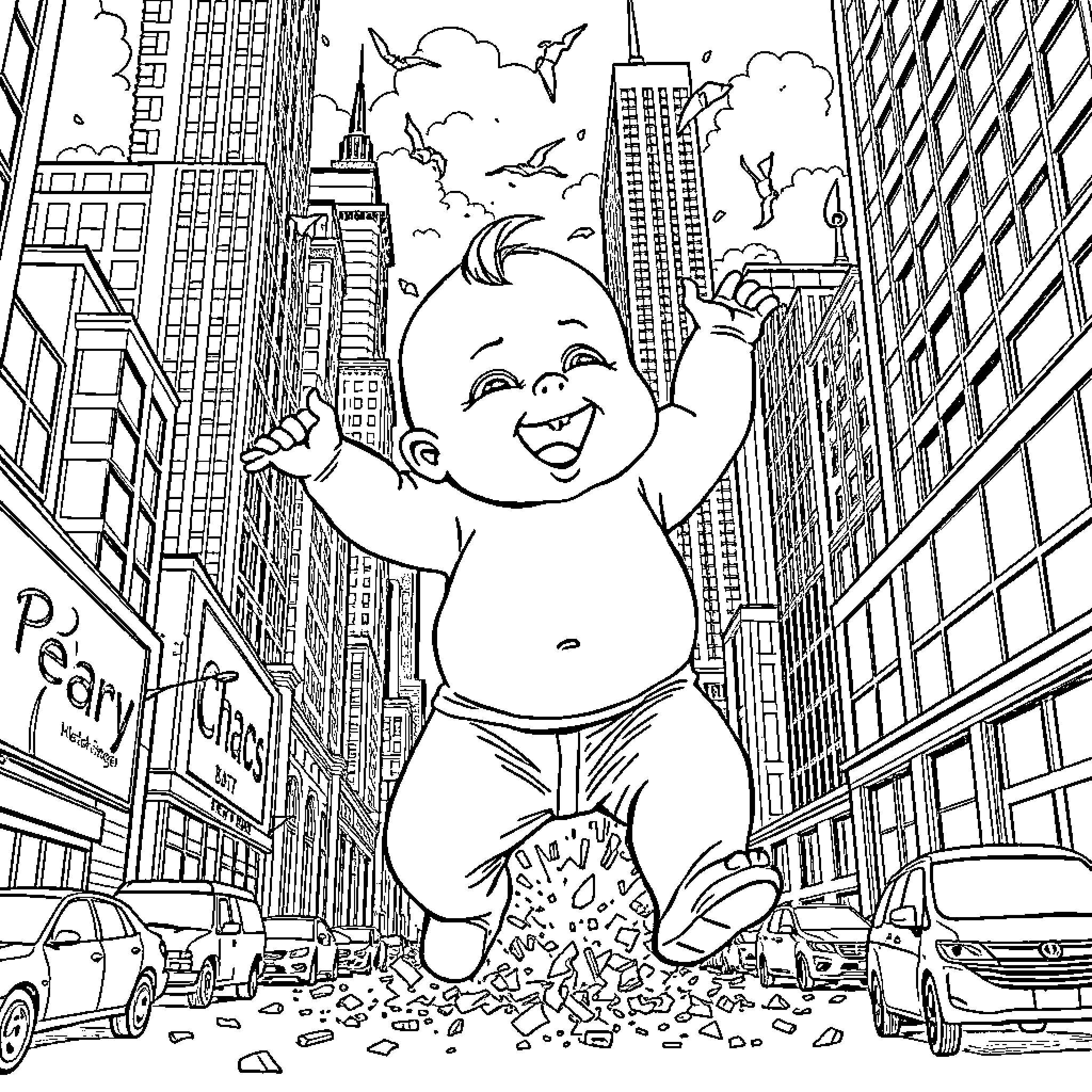 Baby exploring the city with excitement Coloring Page (free black-and-white line drawing printable PDF for all, from beginners to advanced learners, including children, teens, adults, and seniors)