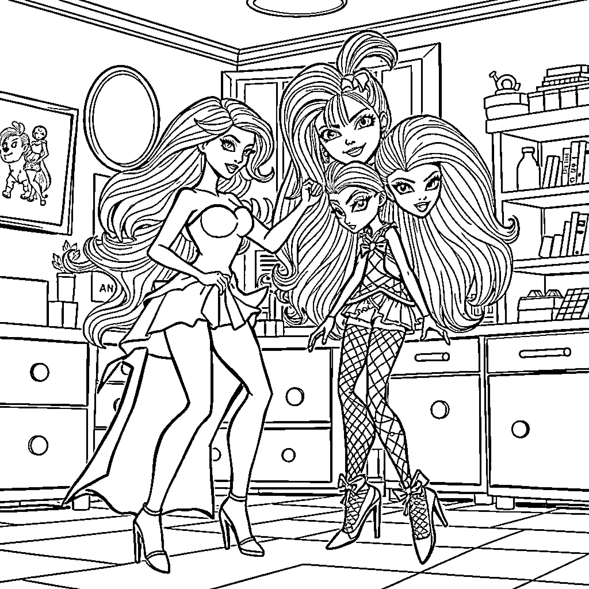 Barbie dolls posing and playing in fashionable bedroom Coloring Page (free black-and-white line drawing printable PDF for all, from beginners to advanced learners, including children, teens, adults, and seniors)