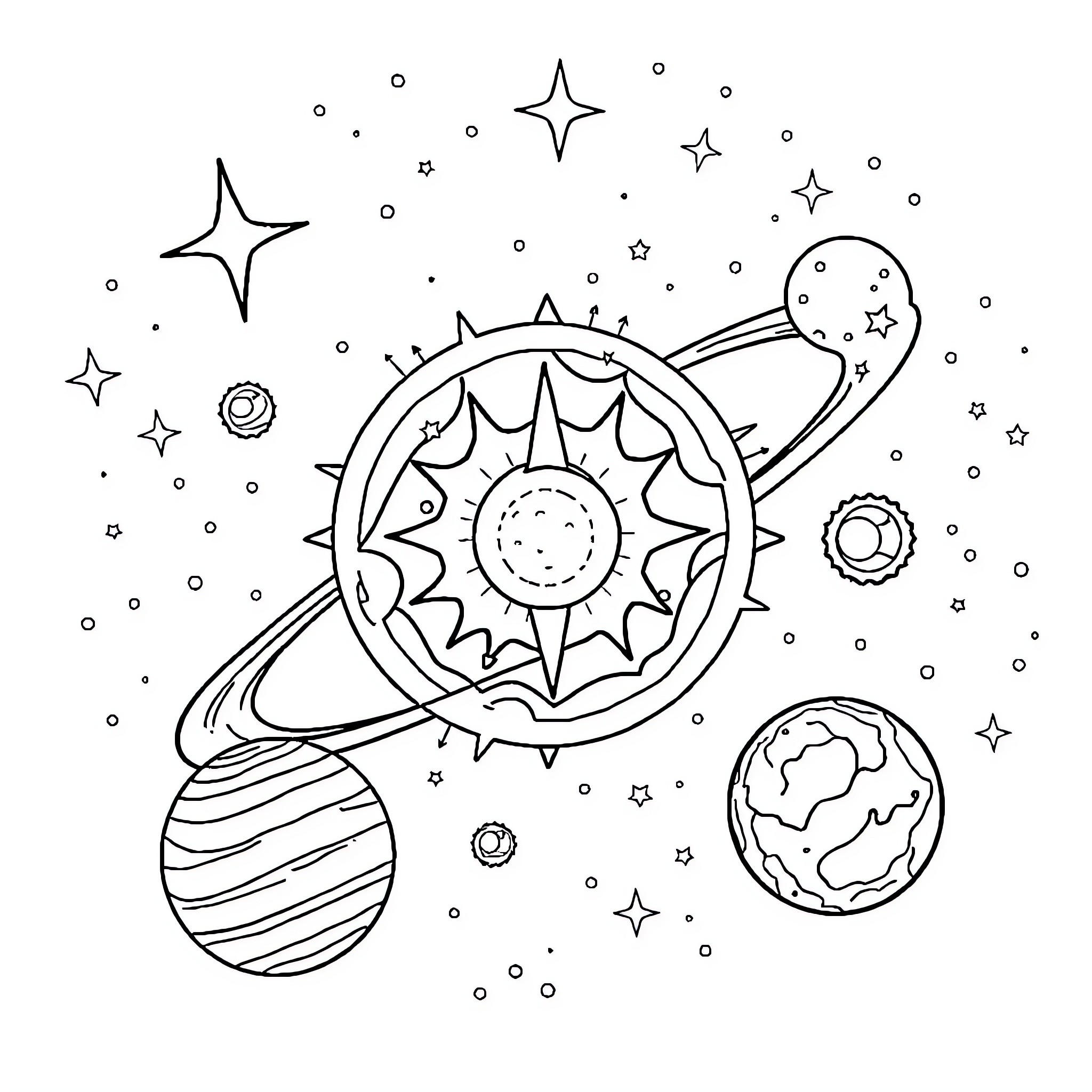 Solar System with Diverse Celestial Bodies Coloring Page (free black-and-white line drawing printable PDF for all, from beginners to advanced learners, including children, teens, adults, and seniors)