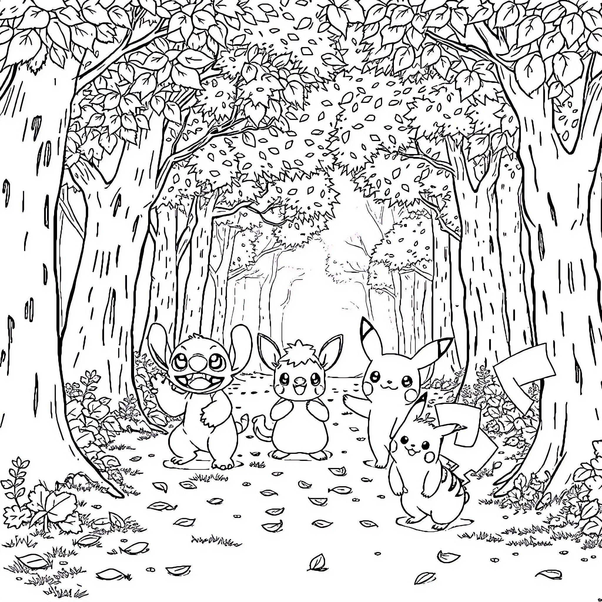 Character Adventure in the Enchanted Forest Coloring Page (free black-and-white line drawing printable PDF for all, from beginners to advanced learners, including children, teens, adults, and seniors)