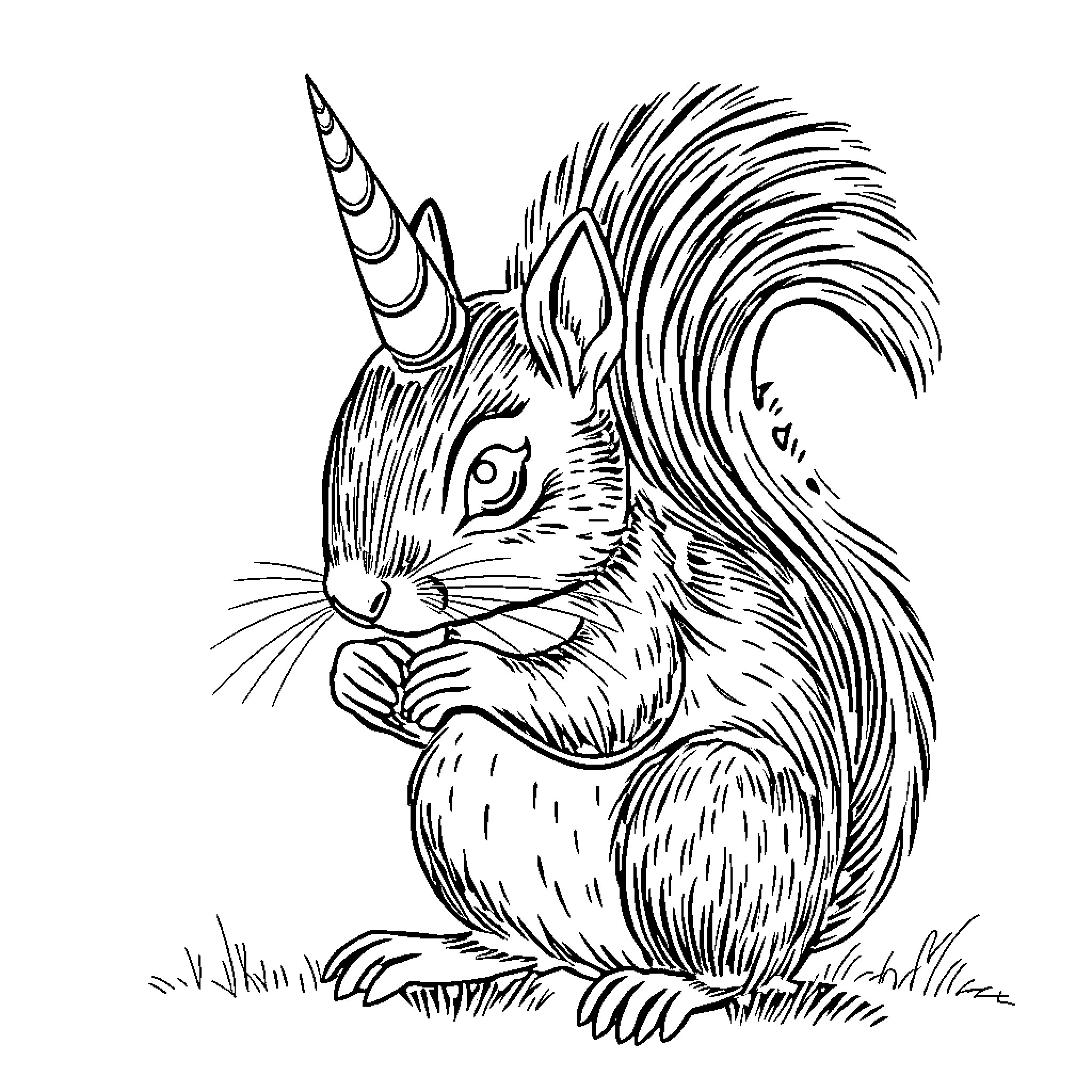 Squirrel with a unicorn horn Coloring Page (free black-and-white line drawing printable PDF for all, from beginners to advanced learners, including children, teens, adults, and seniors)