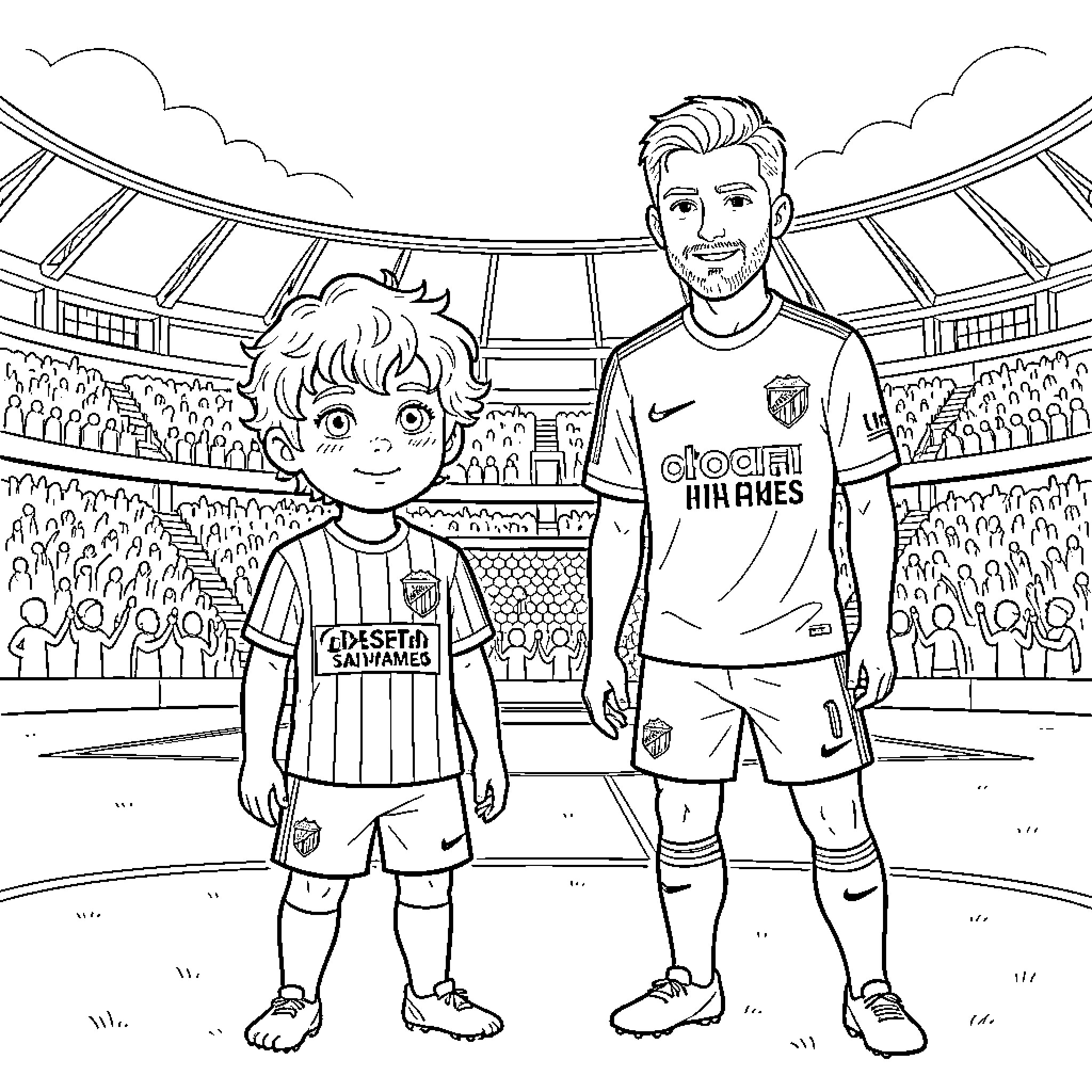 Niño standing proudly with a soccer player in a stadium Coloring Page (free black-and-white line drawing printable PDF for all, from beginners to advanced learners, including children, teens, adults, and seniors)