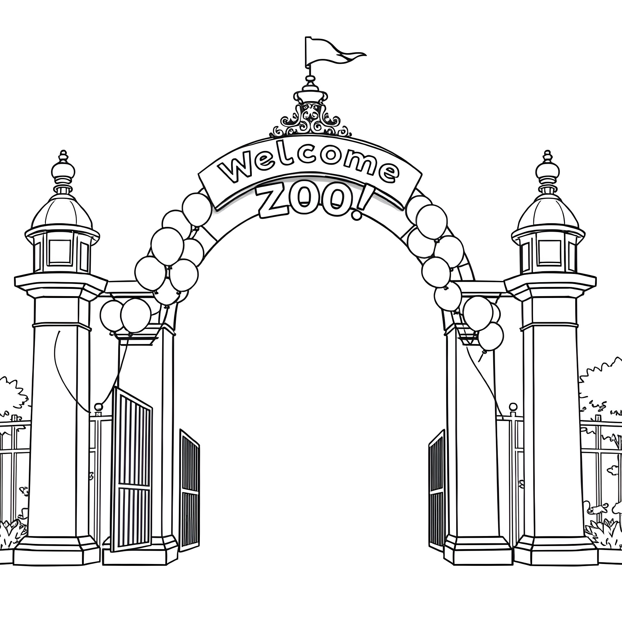 Zoo entrance arch with decorations Coloring Page (free black-and-white line drawing printable PDF for all, from beginners to advanced learners, including children, teens, adults, and seniors)