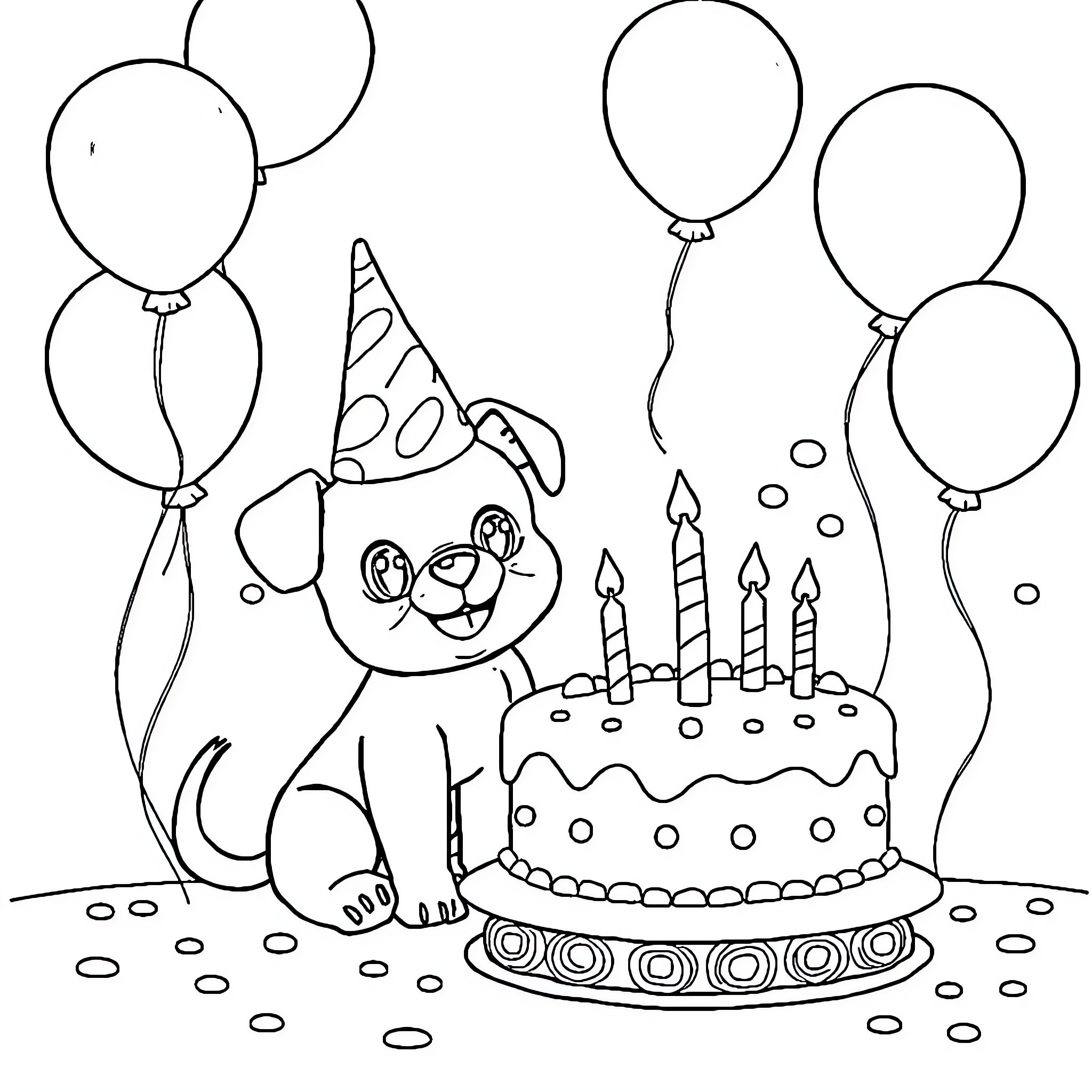 Boo! Puppy's Birthday Celebration with Cake and Balloons Coloring Page (free black-and-white line drawing printable PDF for all, from beginners to advanced learners, including children, teens, adults, and seniors)