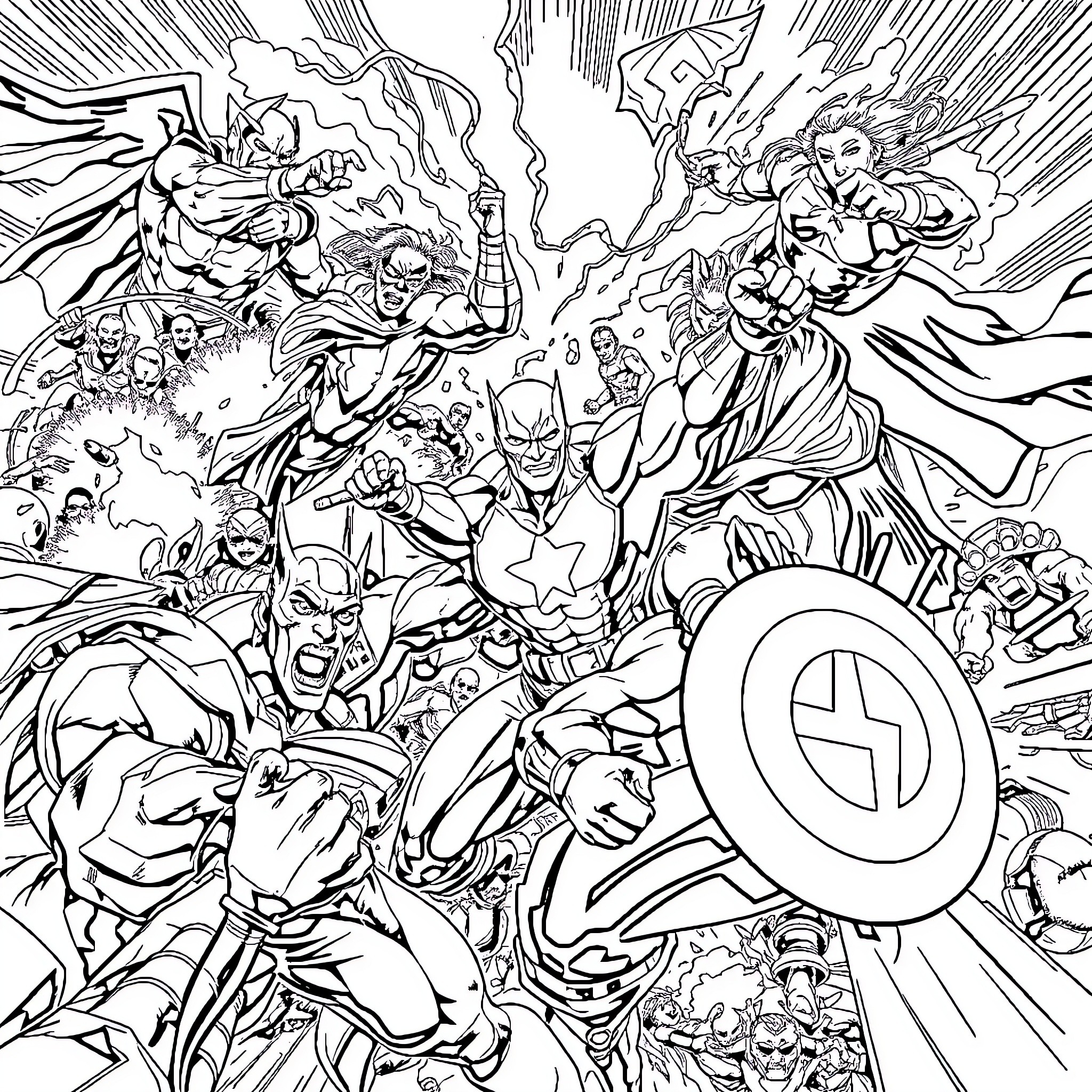 Marvel vs DC: Superheroes in epic battle Coloring Page (free black-and-white line drawing printable PDF for all, from beginners to advanced learners, including children, teens, adults, and seniors)
