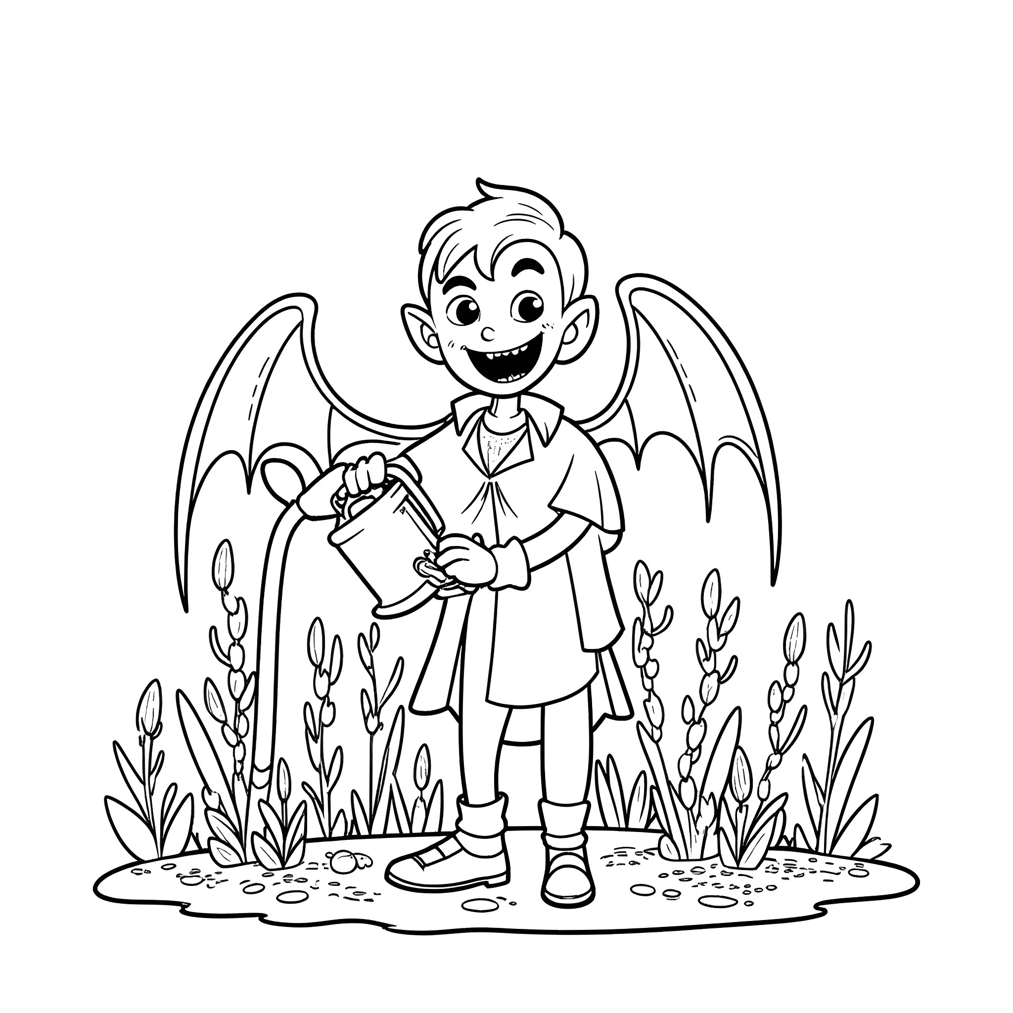 Vampire boy tending to his garden Coloring Page (free black-and-white line drawing printable PDF for all, from beginners to advanced learners, including children, teens, adults, and seniors)