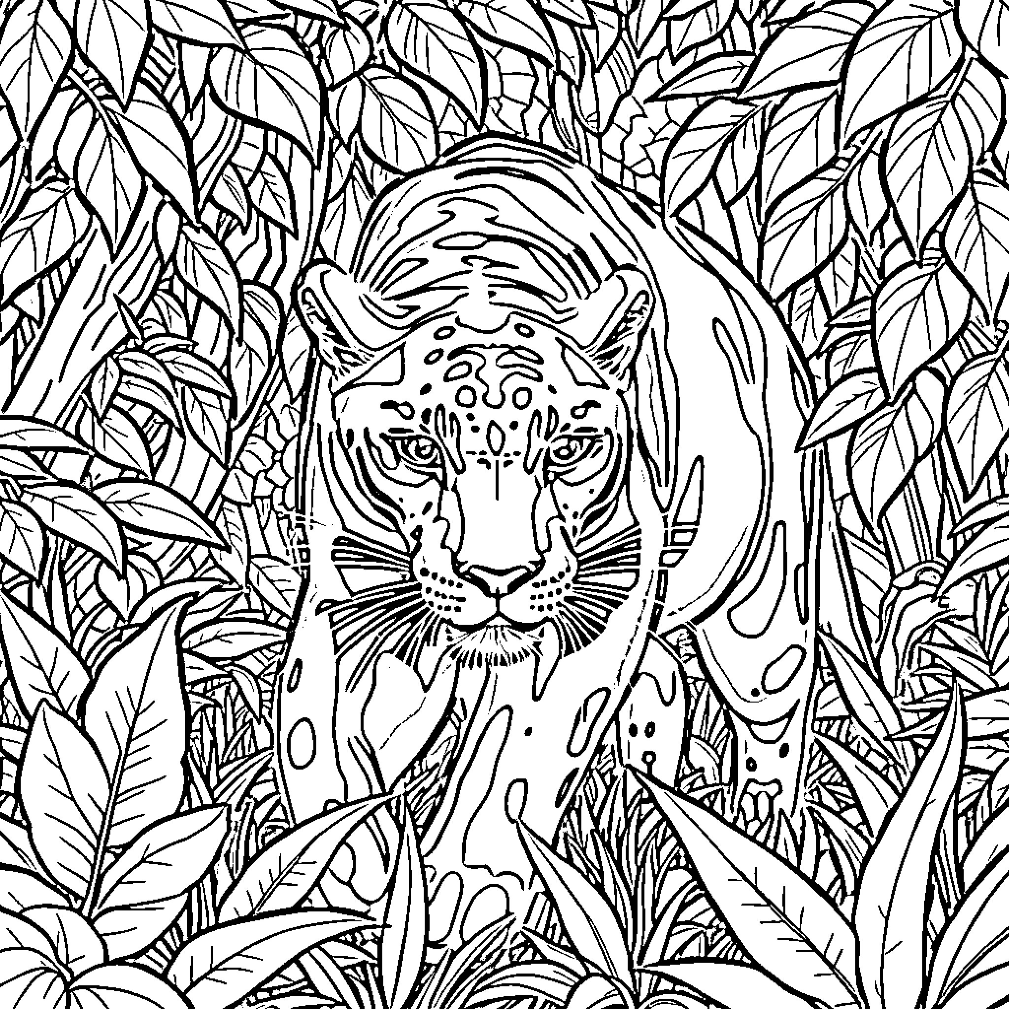 Panther prowling through lush foliage Coloring Page (free black-and-white line drawing printable PDF for all, from beginners to advanced learners, including children, teens, adults, and seniors)