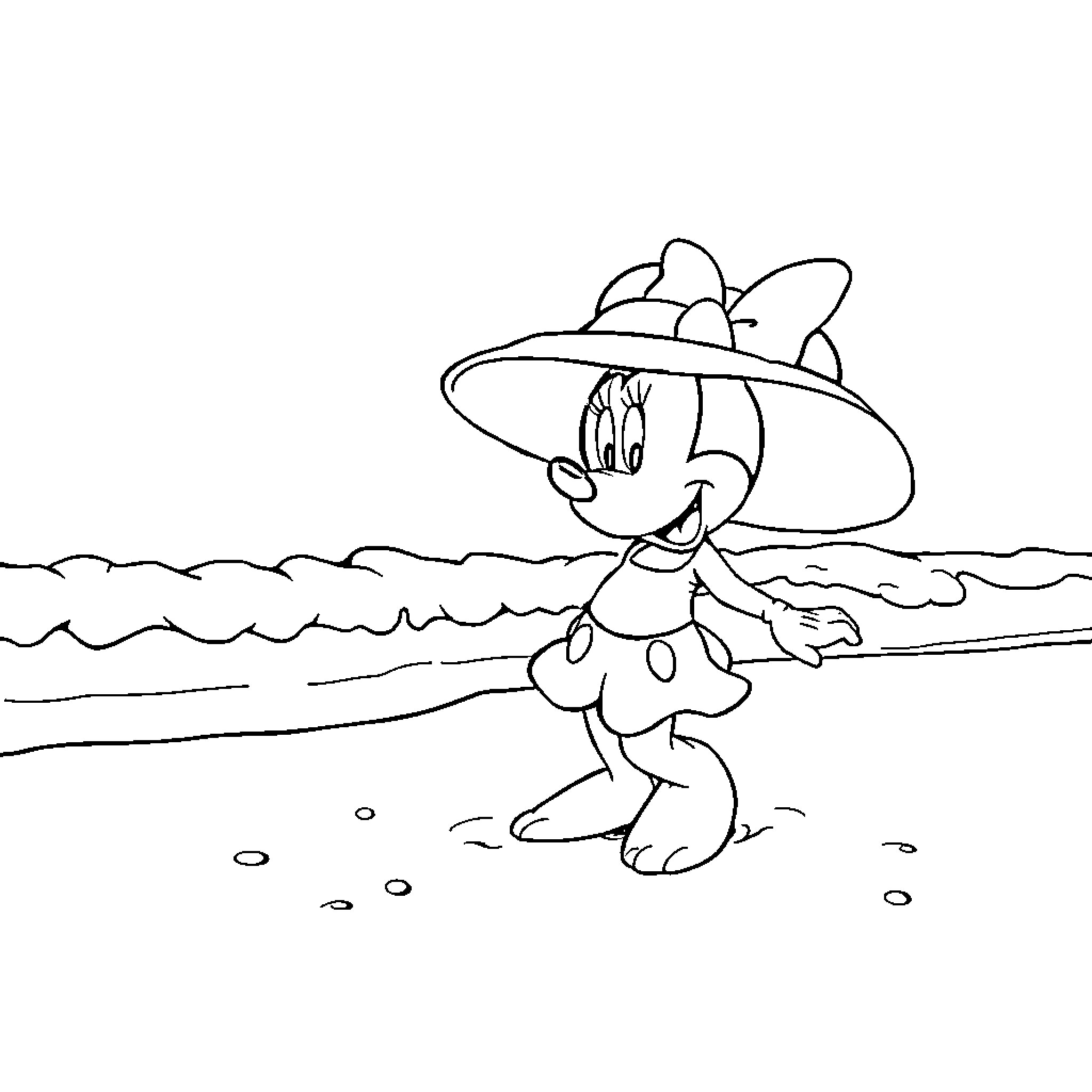 Minnie strolling on the beach in her hat Coloring Page (free black-and-white line drawing printable PDF for all, from beginners to advanced learners, including children, teens, adults, and seniors)