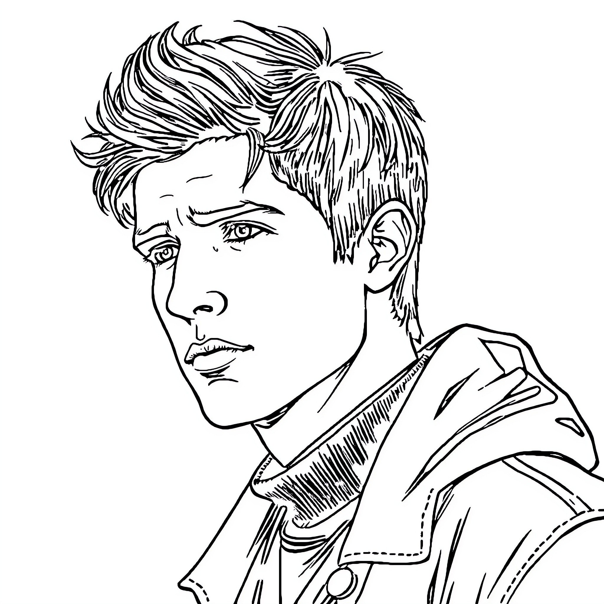 Pedro Pascal in a pensive pose Coloring Page (free black-and-white line drawing printable PDF for all, from beginners to advanced learners, including children, teens, adults, and seniors)
