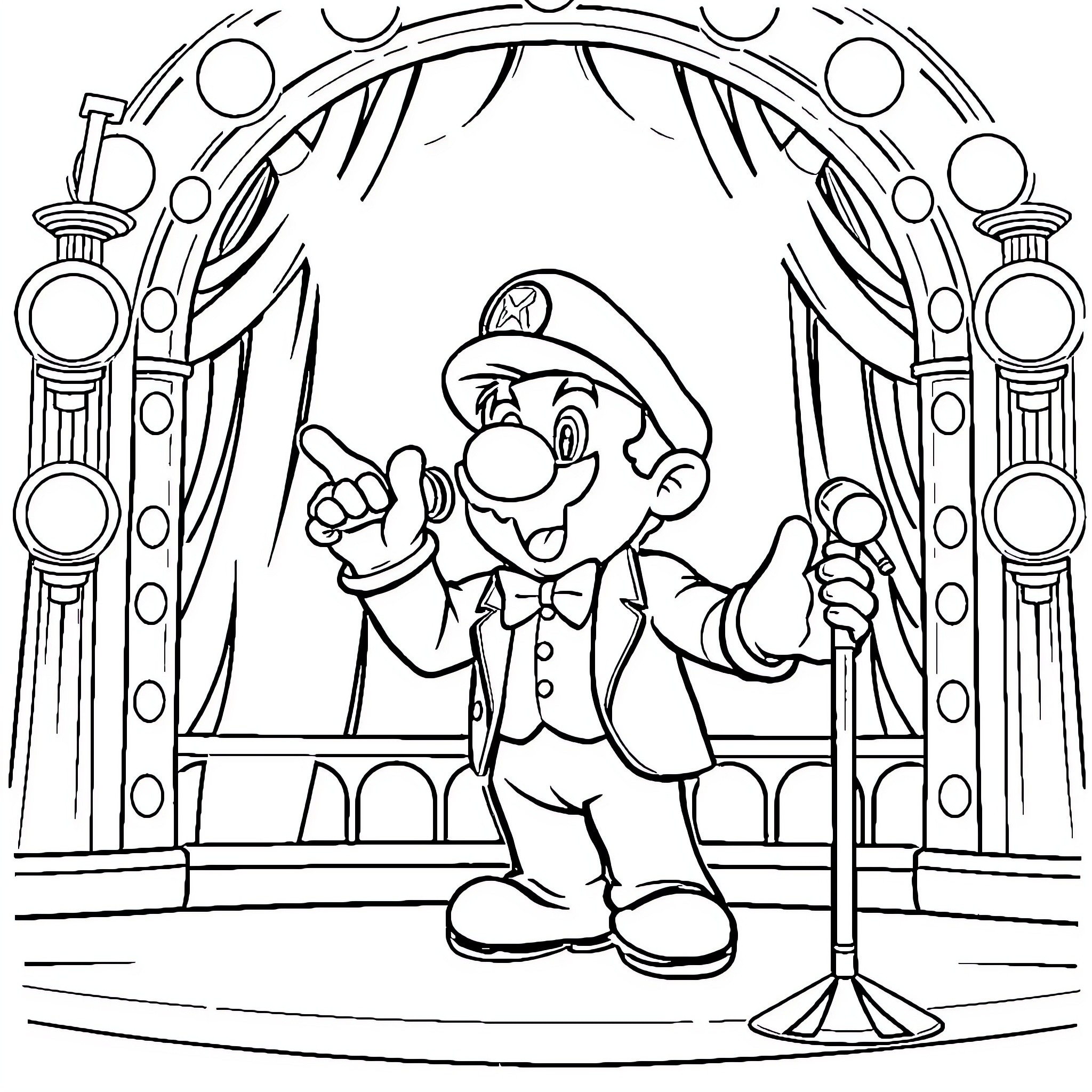 Mario performing on a stage Coloring Page (free black-and-white line drawing printable PDF for all, from beginners to advanced learners, including children, teens, adults, and seniors)
