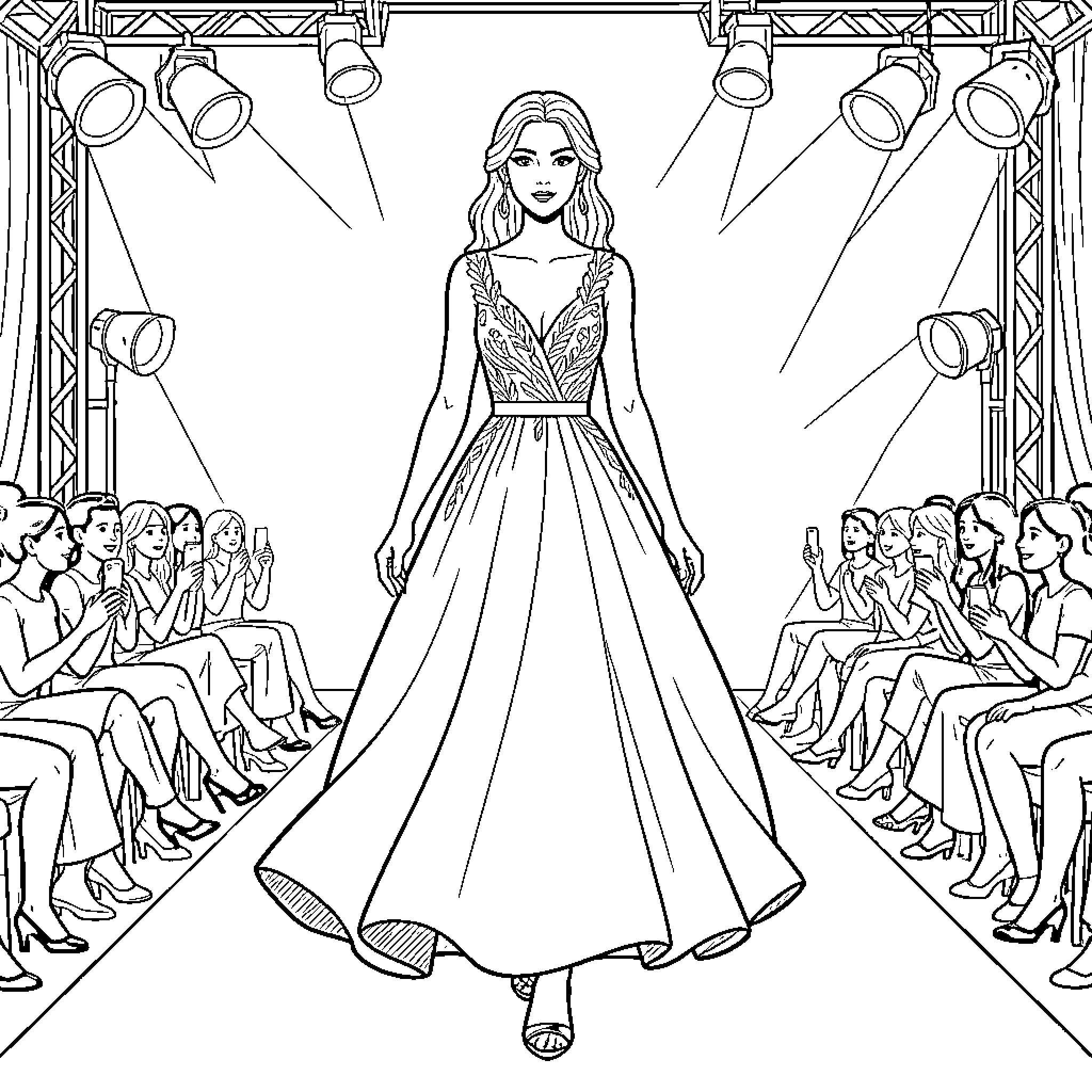 Model walking down a runway in an elegant gown Coloring Page (free black-and-white line drawing printable PDF for all, from beginners to advanced learners, including children, teens, adults, and seniors)
