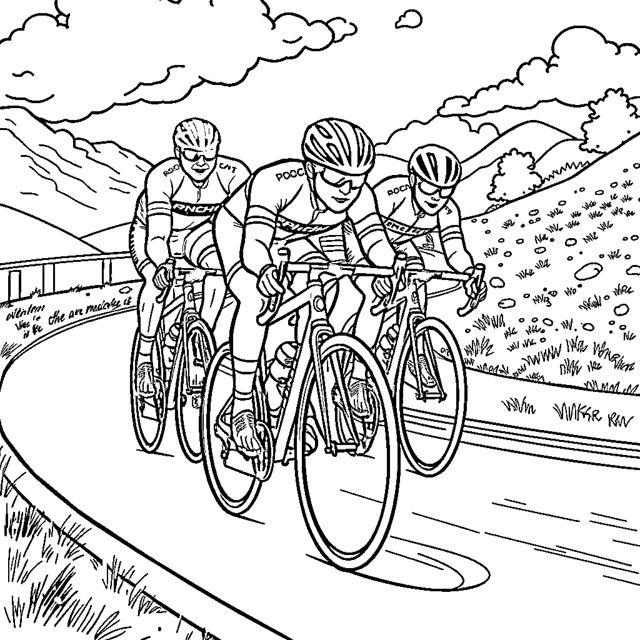 Bike riders competing on a winding road Coloring Page (free black-and-white line drawing printable PDF for all, from beginners to advanced learners, including children, teens, adults, and seniors)