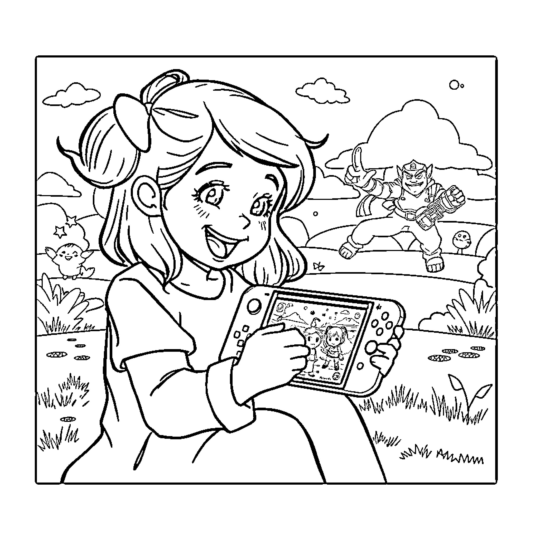 My Melody Exploring a Fantastical World Coloring Page (free black-and-white line drawing printable PDF for all, from beginners to advanced learners, including children, teens, adults, and seniors)