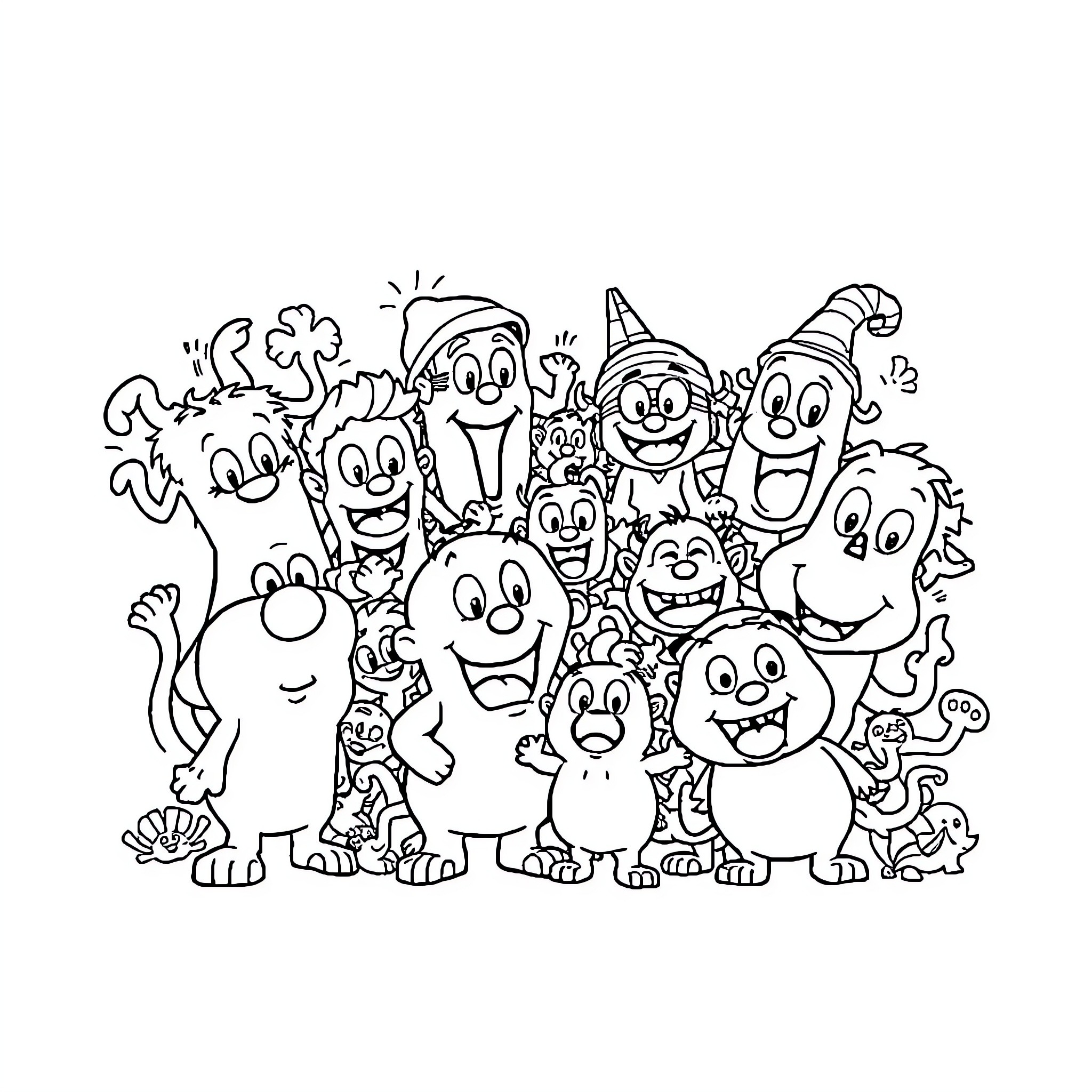 Cartoon characters in a friendly gathering Coloring Page (free black-and-white line drawing printable PDF for all, from beginners to advanced learners, including children, teens, adults, and seniors)