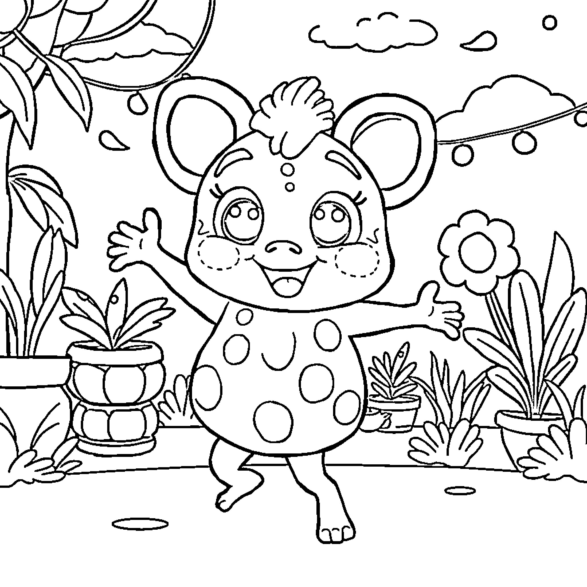 Labubu the Cheerful Mouse in the Lush Garden Coloring Page (free black-and-white line drawing printable PDF for all, from beginners to advanced learners, including children, teens, adults, and seniors)