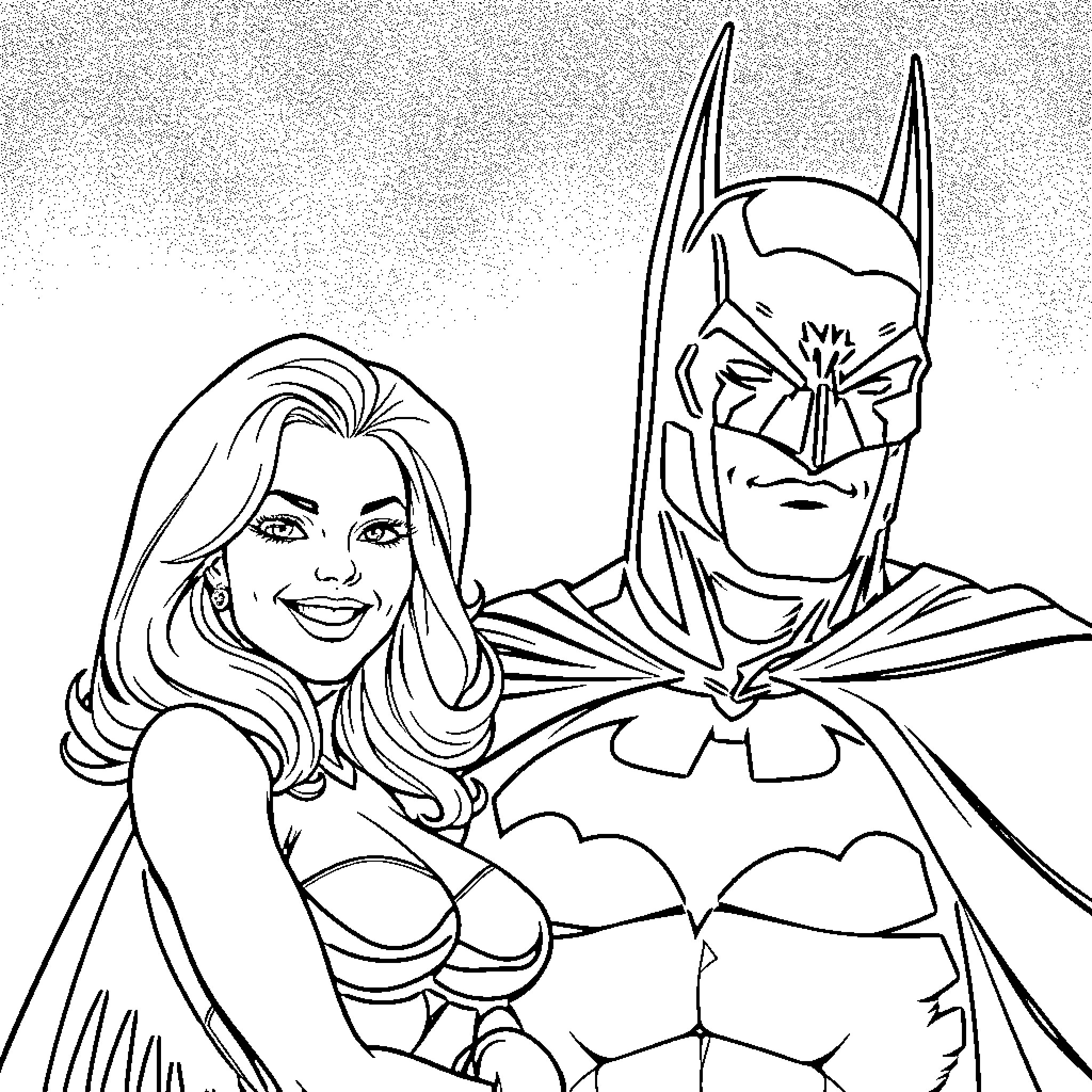 Pamela Anderson and Batman in a heroic stance Coloring Page (free black-and-white line drawing printable PDF for all, from beginners to advanced learners, including children, teens, adults, and seniors)