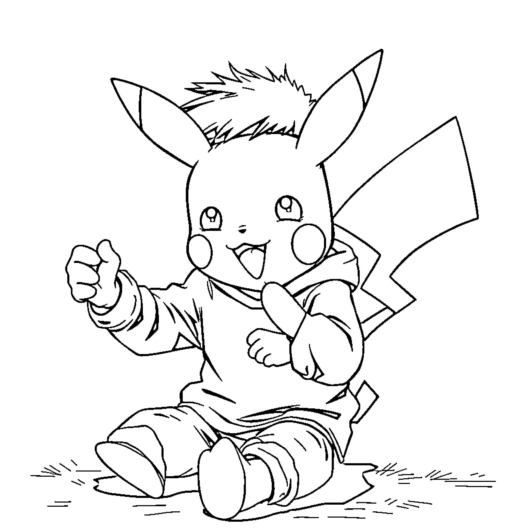 Pikachu excitedly waving and posing Coloring Page (free black-and-white line drawing printable PDF for all, from beginners to advanced learners, including children, teens, adults, and seniors)