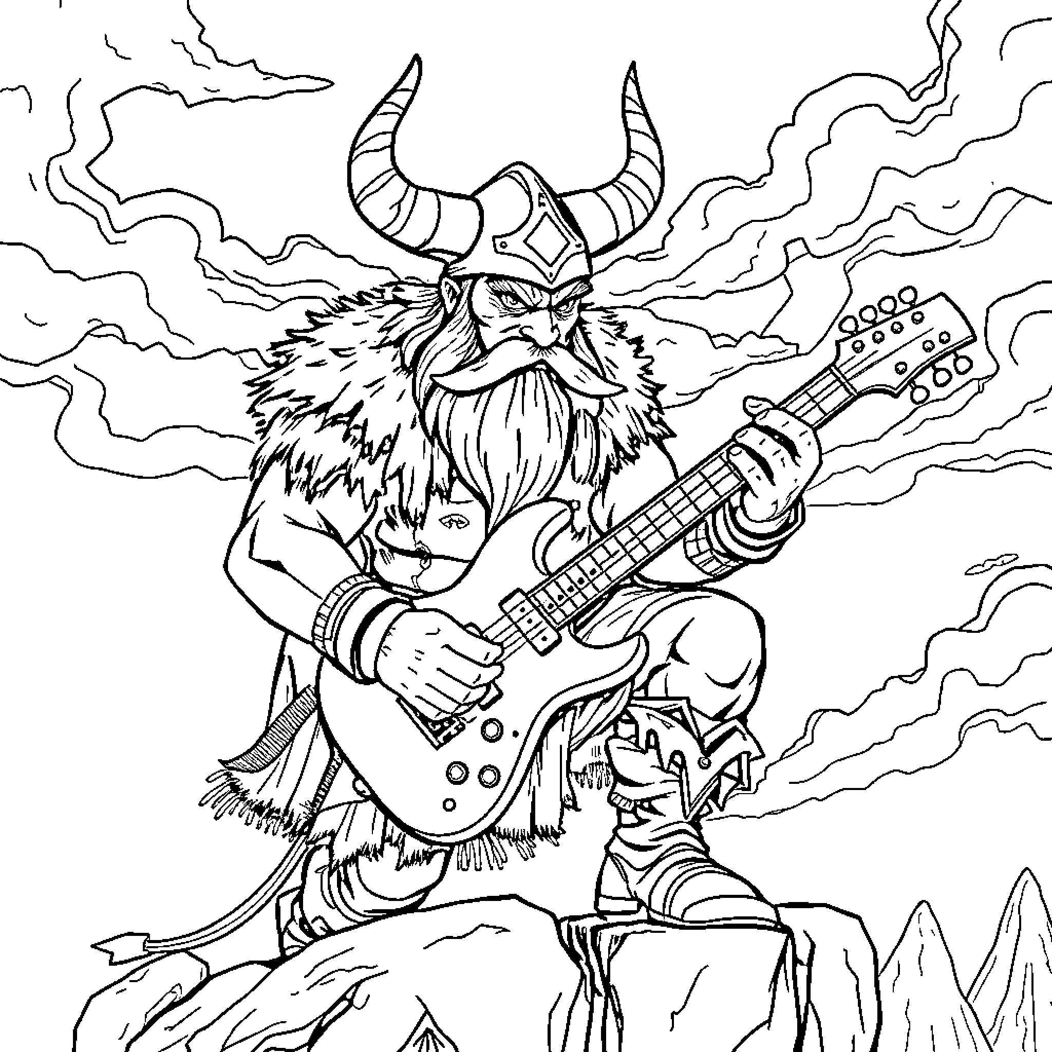 Viking Warrior Shredding Electric Guitar Amidst Stormy Clouds Coloring Page (free black-and-white line drawing printable PDF for all, from beginners to advanced learners, including children, teens, adults, and seniors)