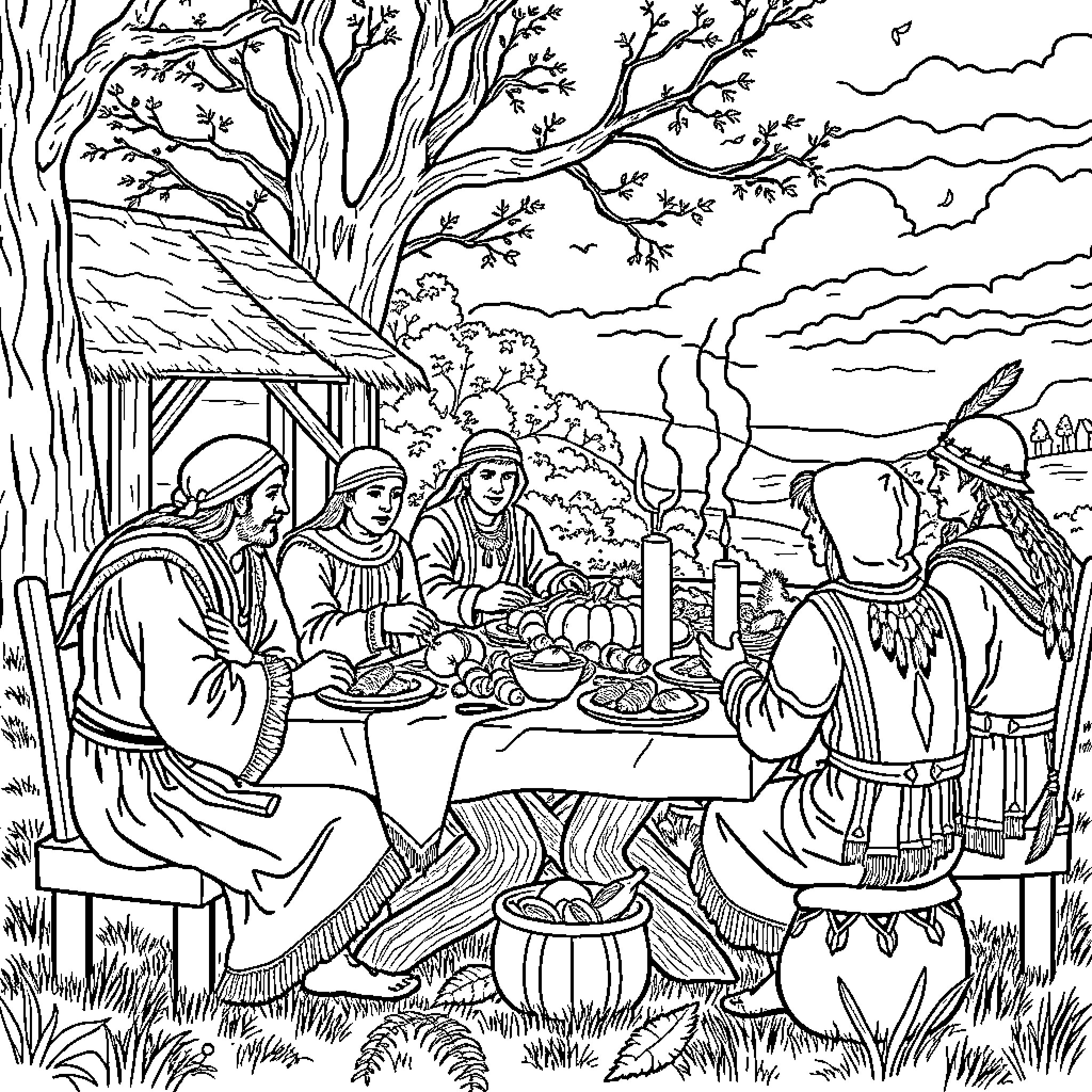 Thanksgiving Feast in the Autumn Landscape Coloring Page (free black-and-white line drawing printable PDF for all, from beginners to advanced learners, including children, teens, adults, and seniors)