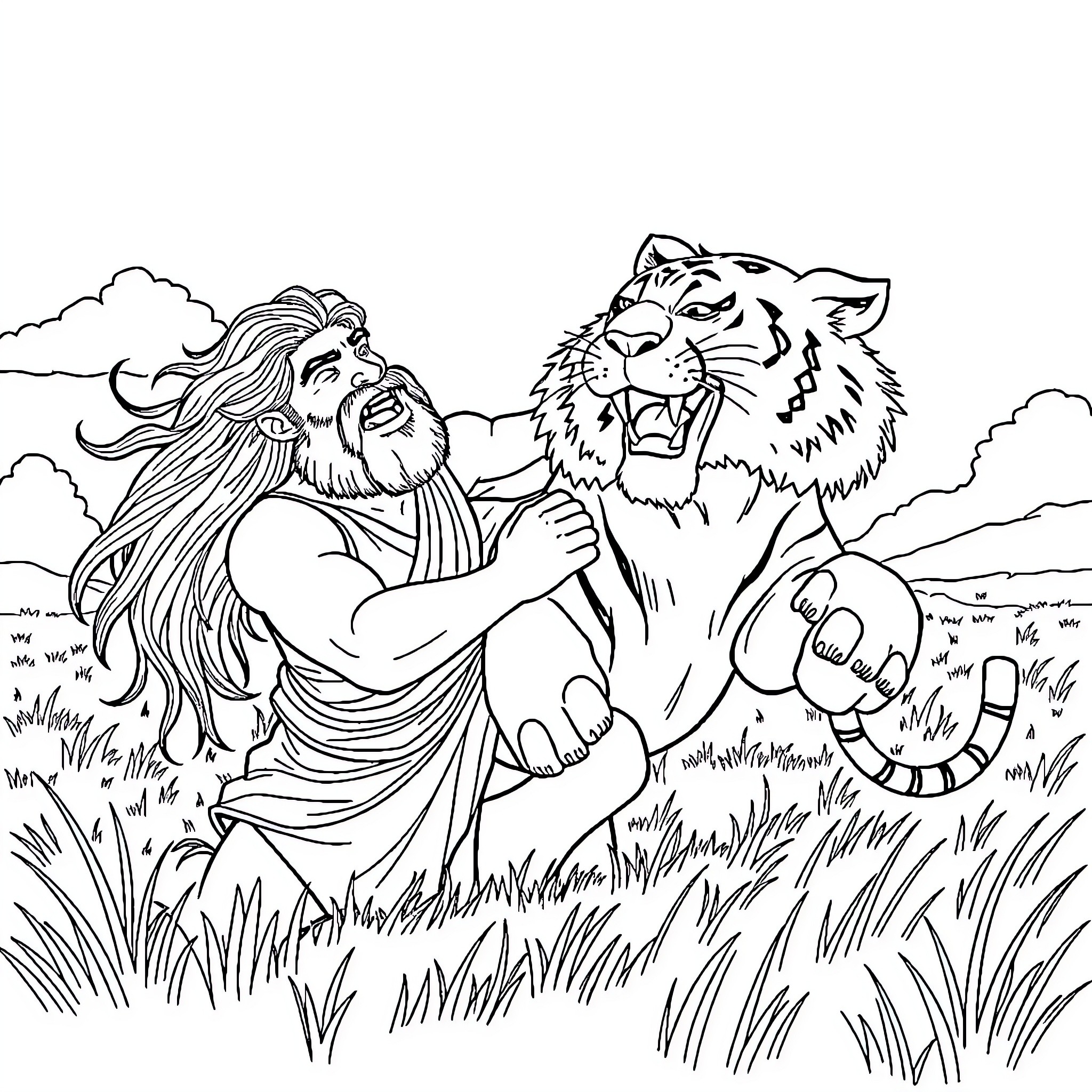 Samson tames the fierce lion in the wilderness Coloring Page (free black-and-white line drawing printable PDF for all, from beginners to advanced learners, including children, teens, adults, and seniors)