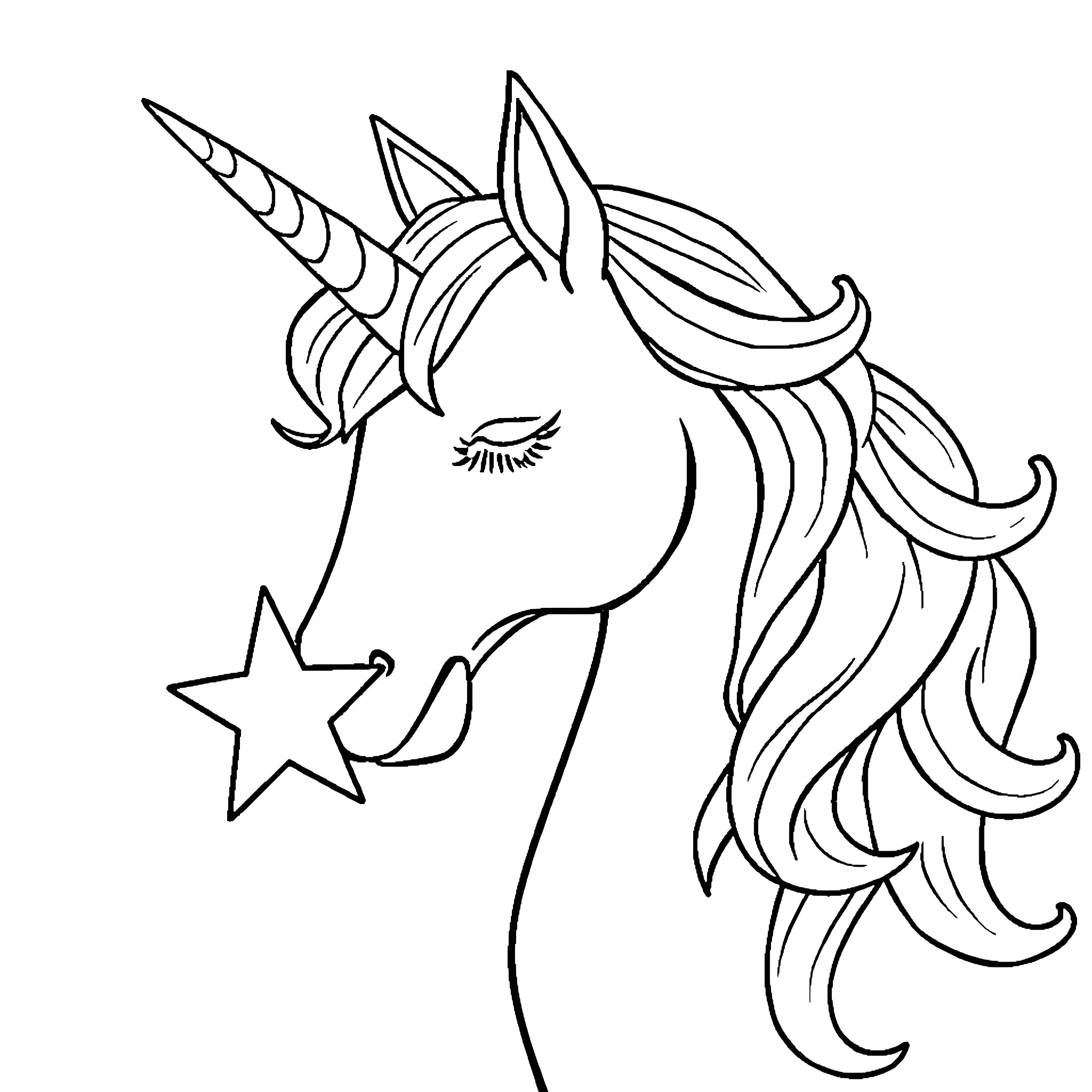 Unicorn with Flowing Mane and Magical Star Coloring Page (free black-and-white line drawing printable PDF for all, from beginners to advanced learners, including children, teens, adults, and seniors)