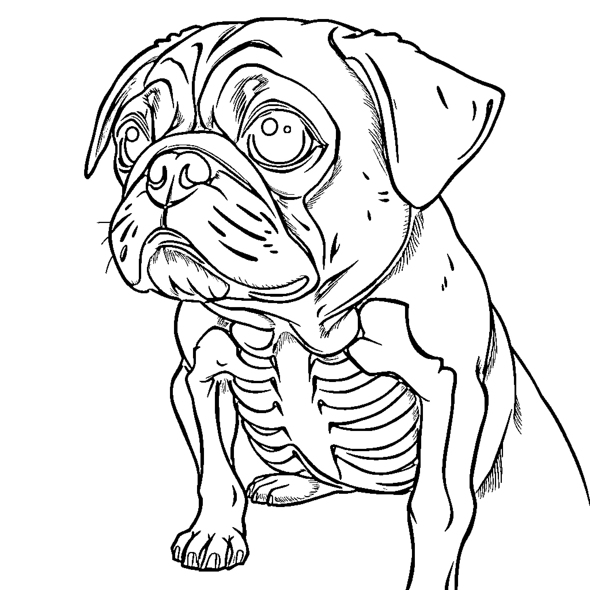 Pug dog showing bones and cartilage Coloring Page (free black-and-white line drawing printable PDF for all, from beginners to advanced learners, including children, teens, adults, and seniors)