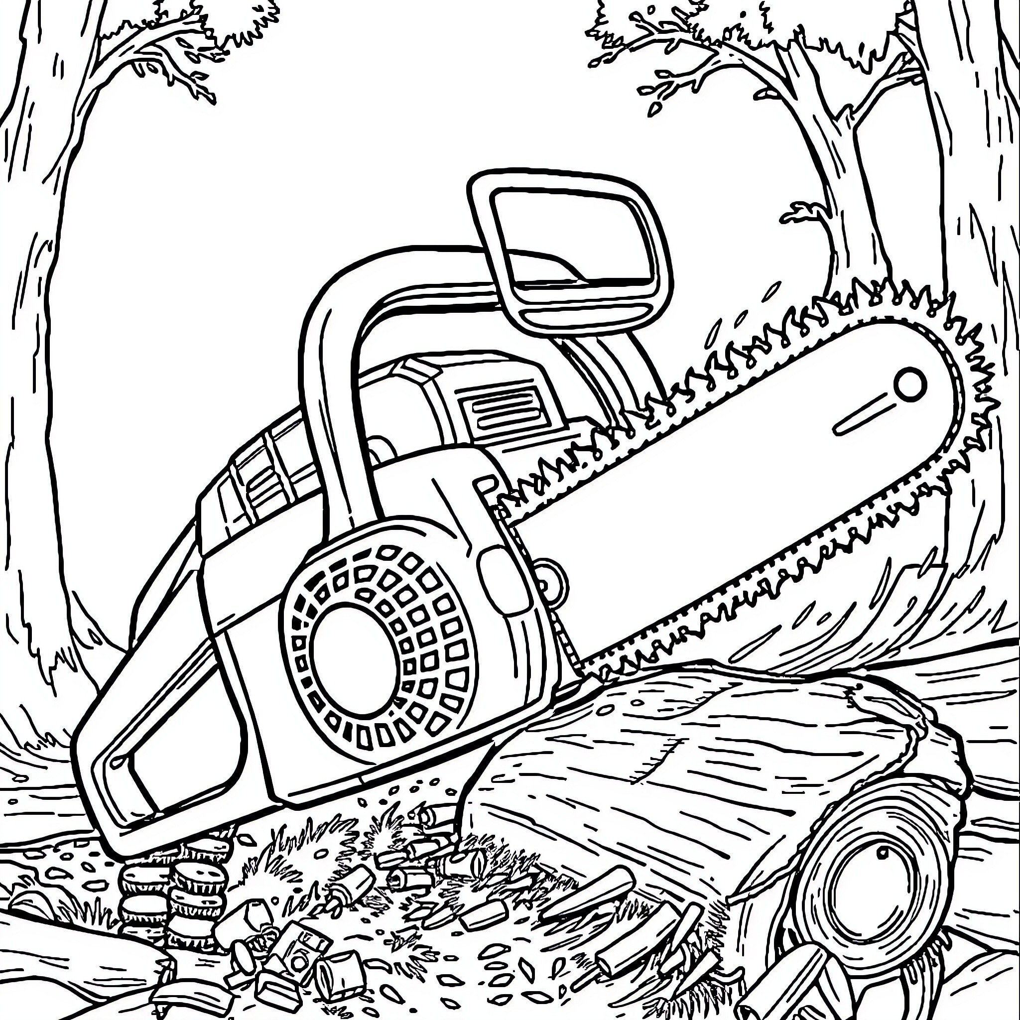 Chainsaw cutting down forest in the wilderness Coloring Page (free black-and-white line drawing printable PDF for all, from beginners to advanced learners, including children, teens, adults, and seniors)