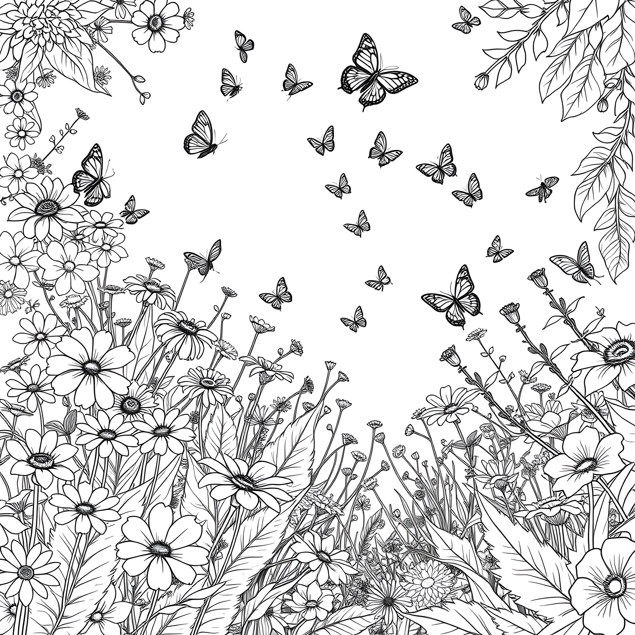 Butterfly garden filled with flowers and flying butterflies Coloring Page (free black-and-white line drawing printable PDF for all, from beginners to advanced learners, including children, teens, adults, and seniors)