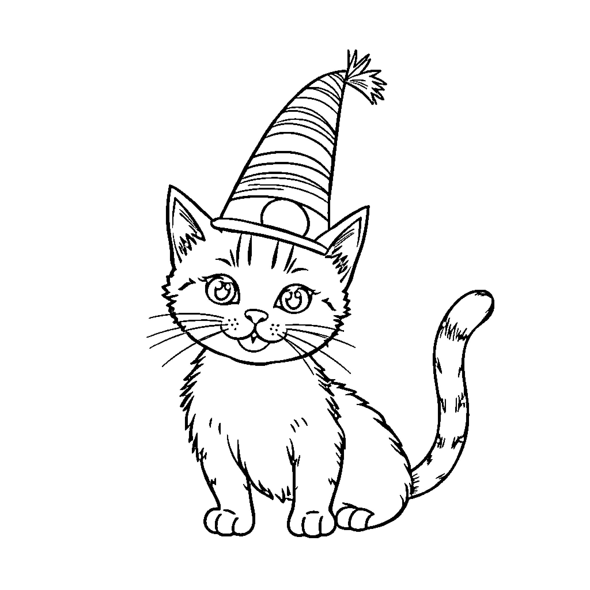 Cat wearing party hat Coloring Page (free black-and-white line drawing printable PDF for all, from beginners to advanced learners, including children, teens, adults, and seniors)