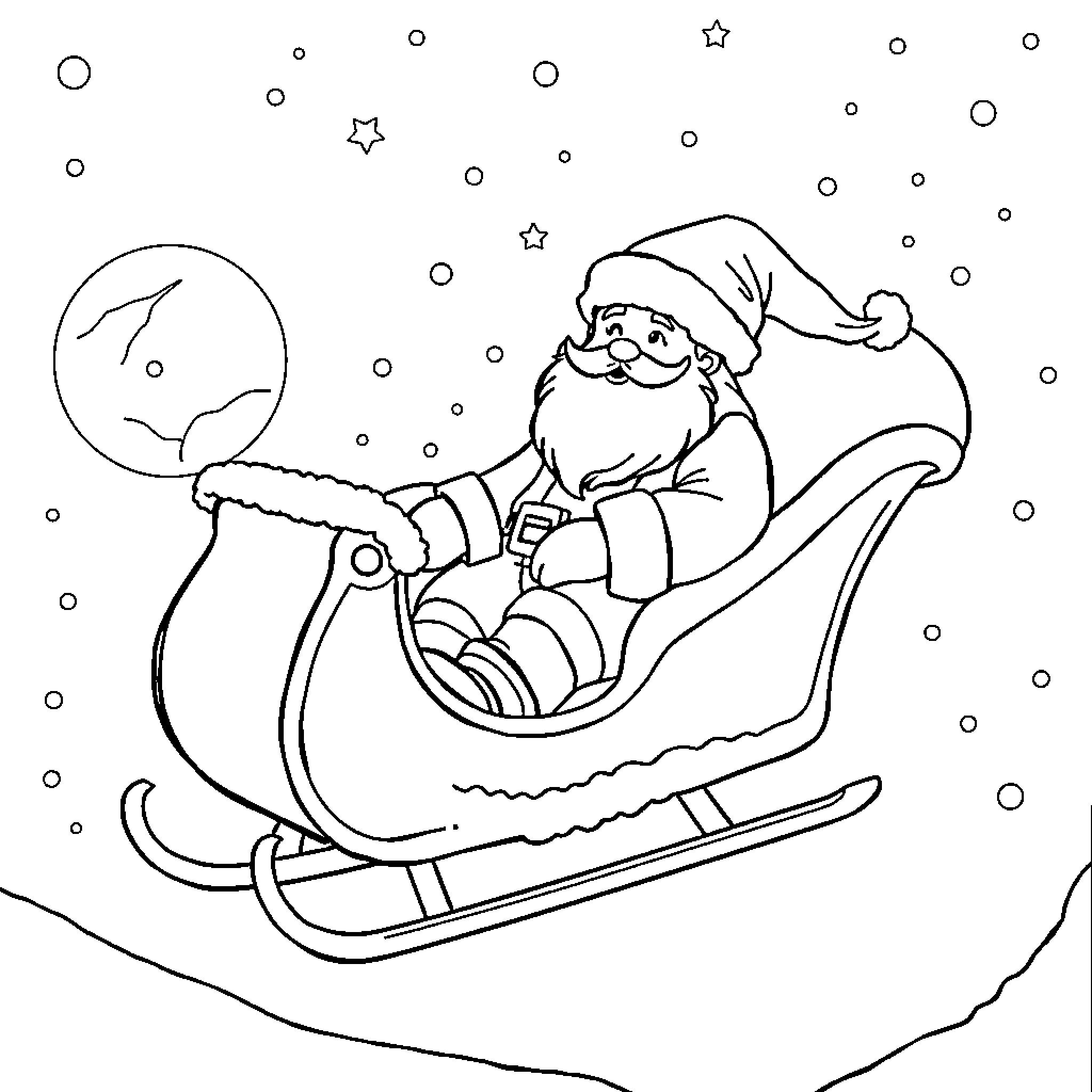 Santa riding in his sleigh on a snowy night Coloring Page (free black-and-white line drawing printable PDF for all, from beginners to advanced learners, including children, teens, adults, and seniors)