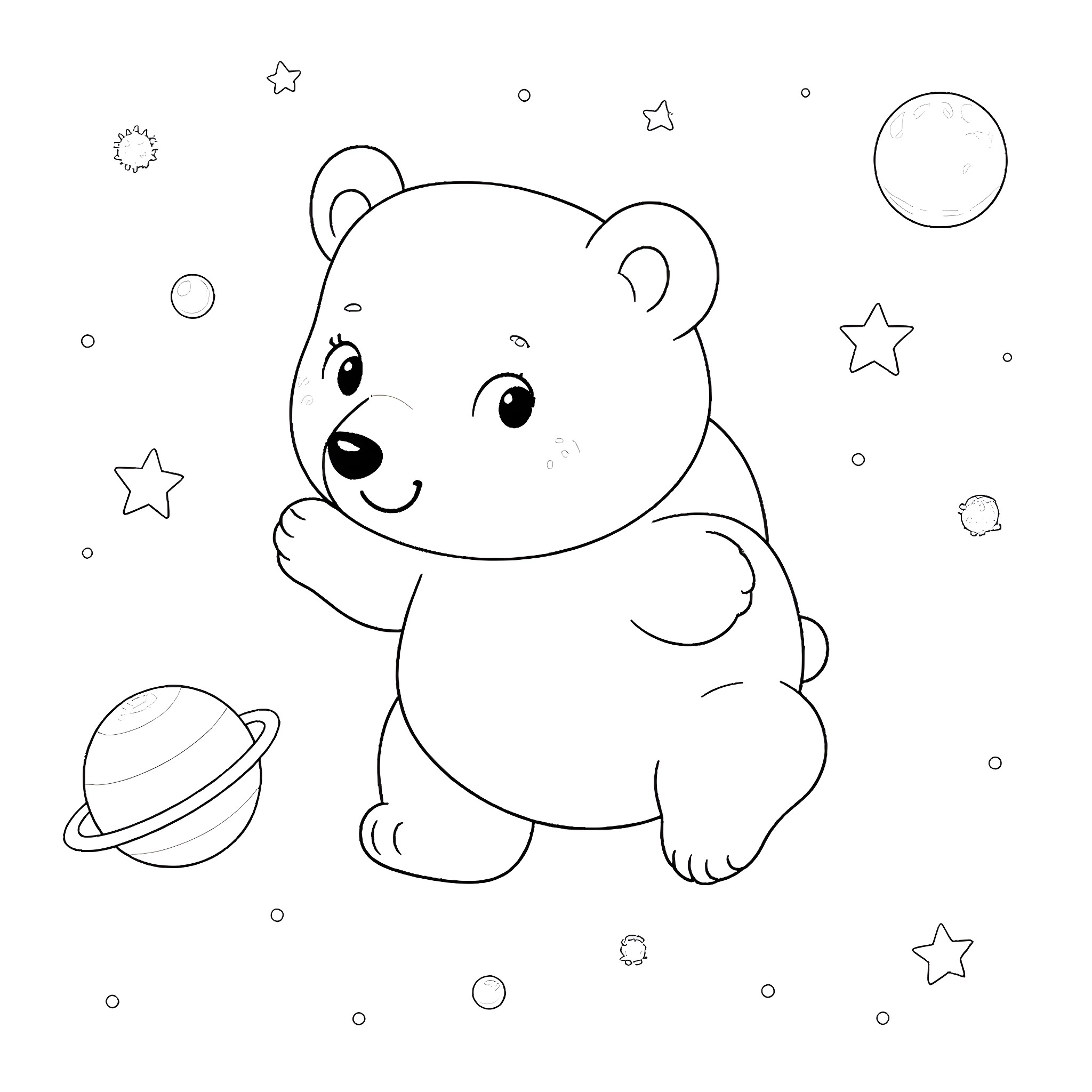 Bear Sitting in Starry Space Coloring Page (free black-and-white line drawing printable PDF for all, from beginners to advanced learners, including children, teens, adults, and seniors)