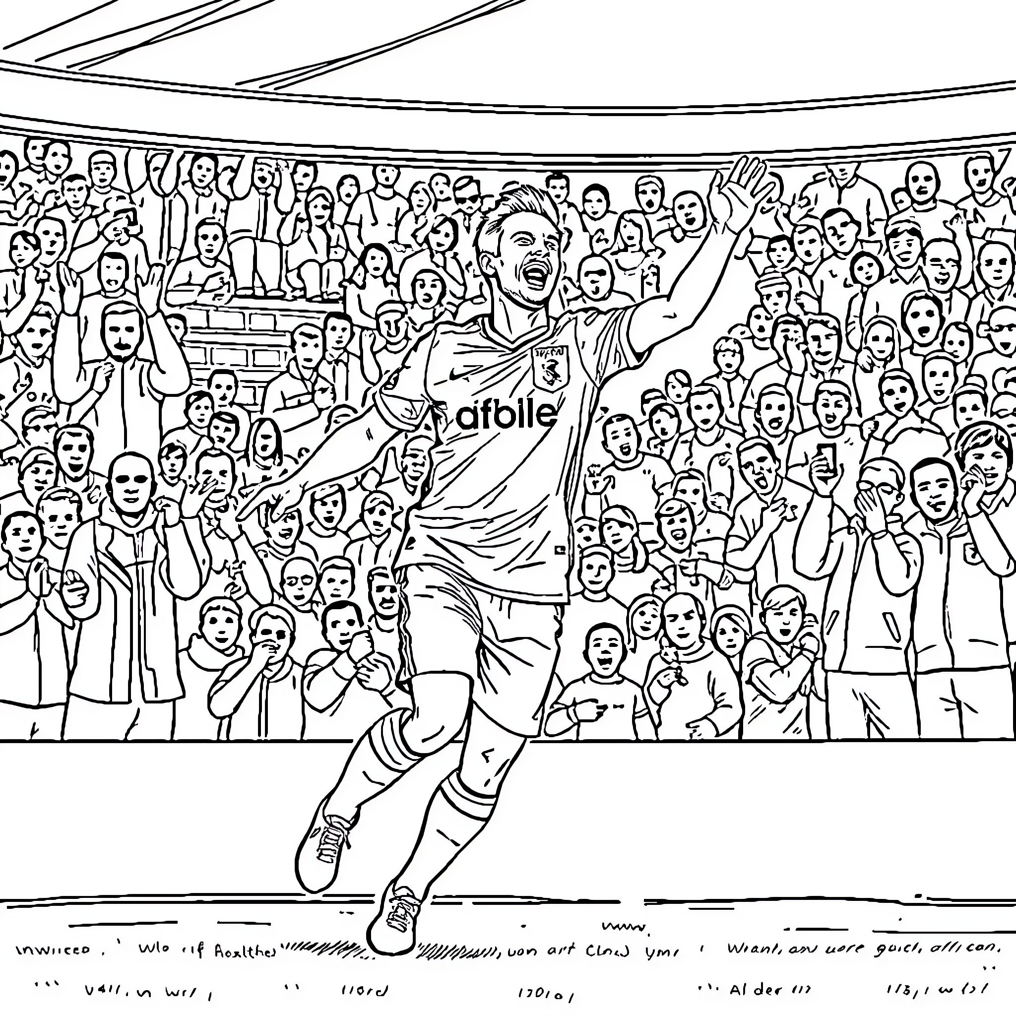 Aston Villa Player Celebrating Goal in Front of Crowd Coloring Page (free black-and-white line drawing printable PDF for all, from beginners to advanced learners, including children, teens, adults, and seniors)