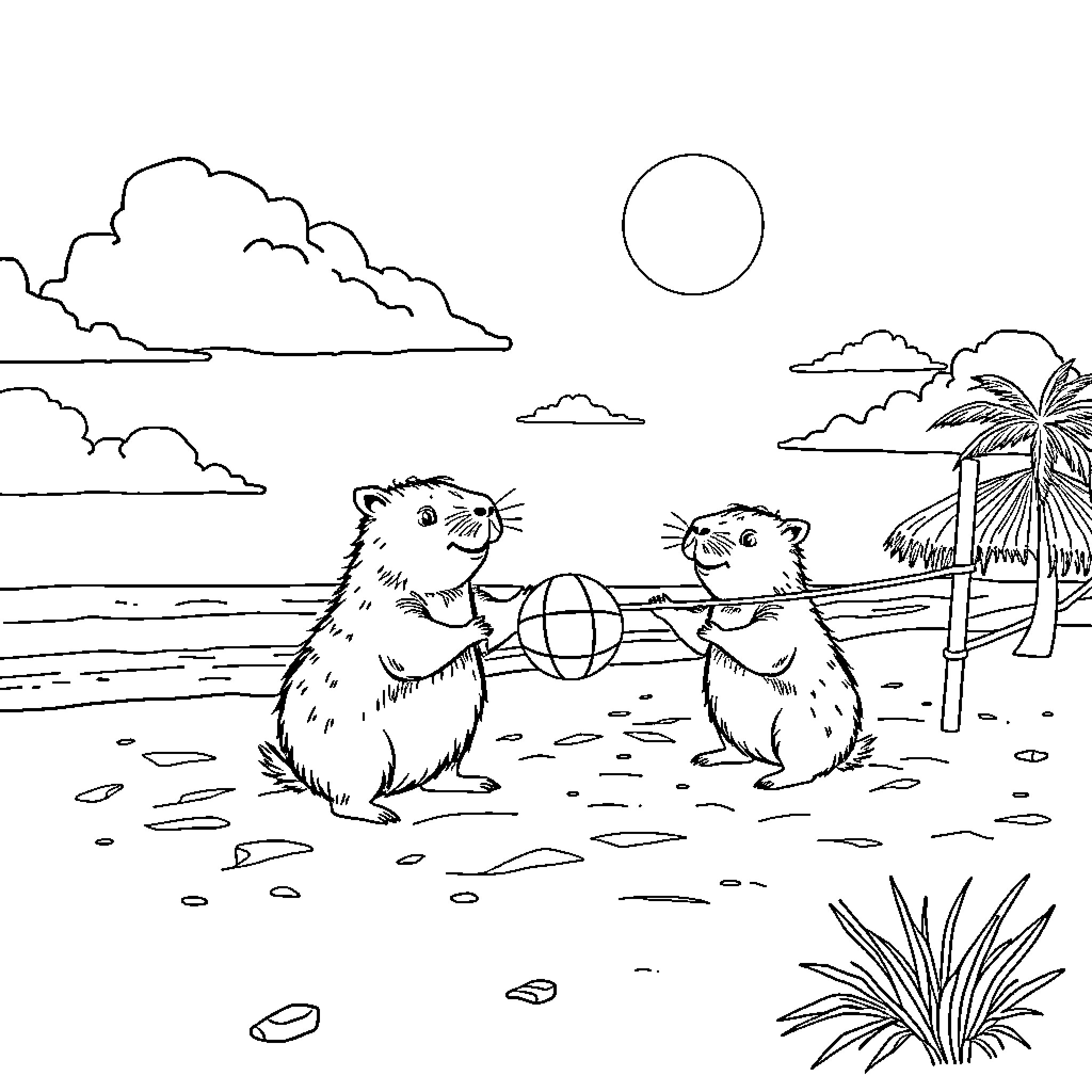 Capybara playing with friends on the beach Coloring Page (free black-and-white line drawing printable PDF for all, from beginners to advanced learners, including children, teens, adults, and seniors)