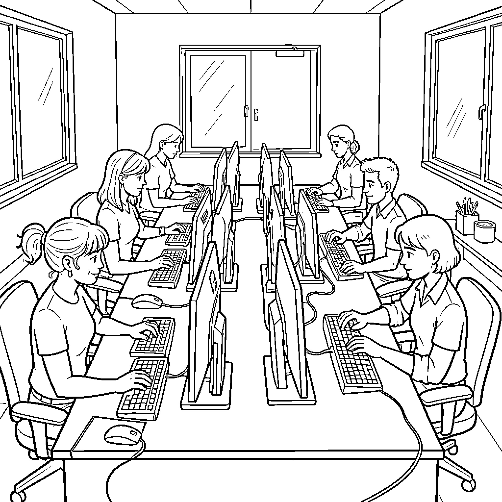 Bureau setting with people working on computers Coloring Page (free black-and-white line drawing printable PDF for all, from beginners to advanced learners, including children, teens, adults, and seniors)