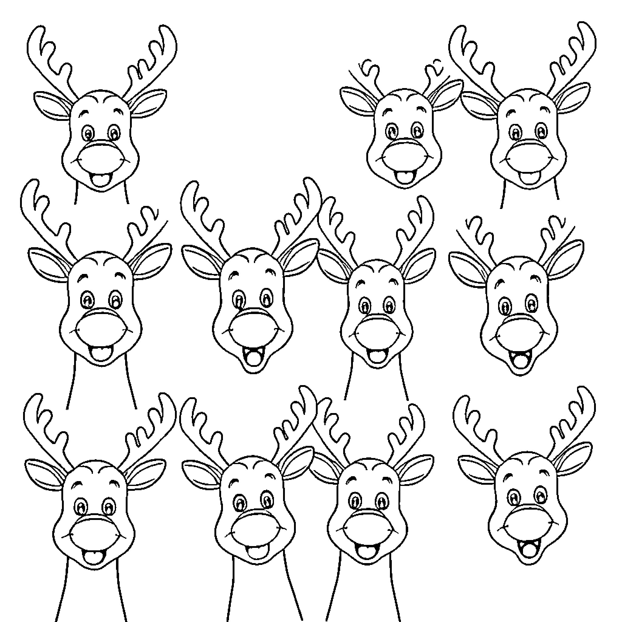 Reindeer with happy expressions Coloring Page (free black-and-white line drawing printable PDF for all, from beginners to advanced learners, including children, teens, adults, and seniors)