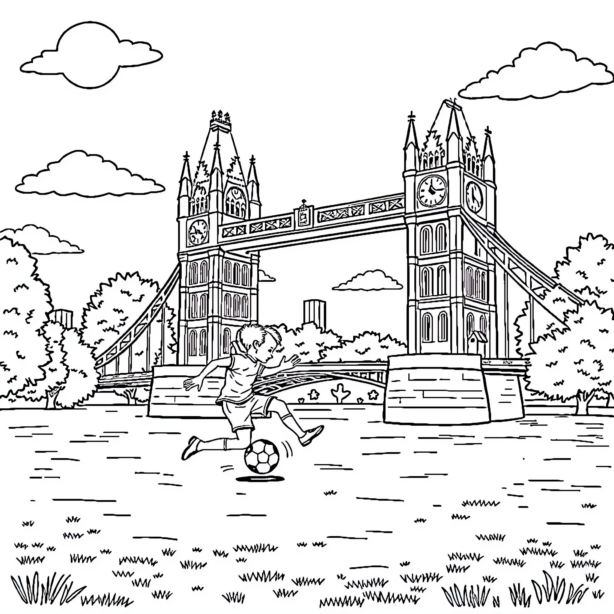 Big Ben and a person playing football in the park Coloring Page (free black-and-white line drawing printable PDF for all, from beginners to advanced learners, including children, teens, adults, and seniors)