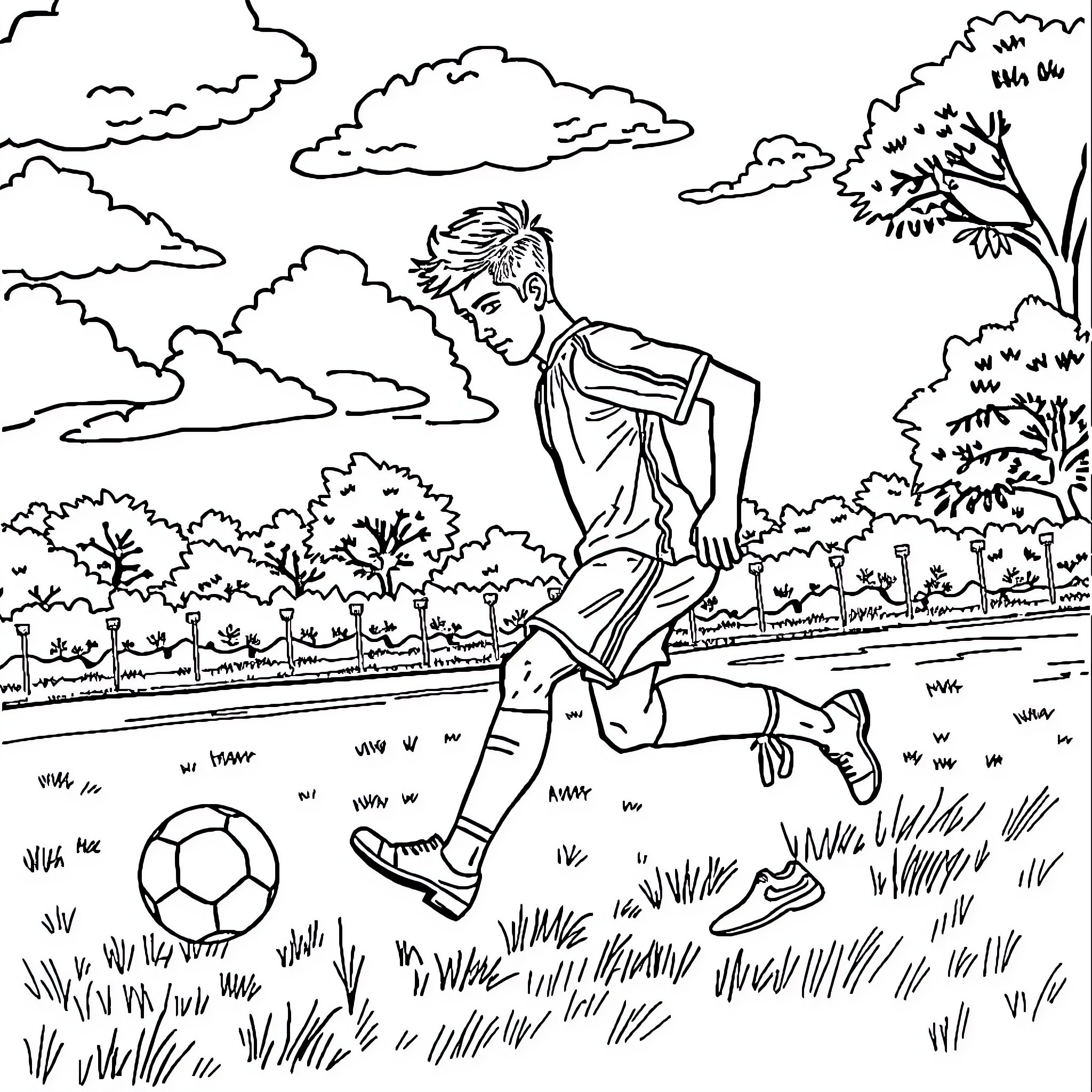 Dustin Martin playing soccer in the park Coloring Page (free black-and-white line drawing printable PDF for all, from beginners to advanced learners, including children, teens, adults, and seniors)